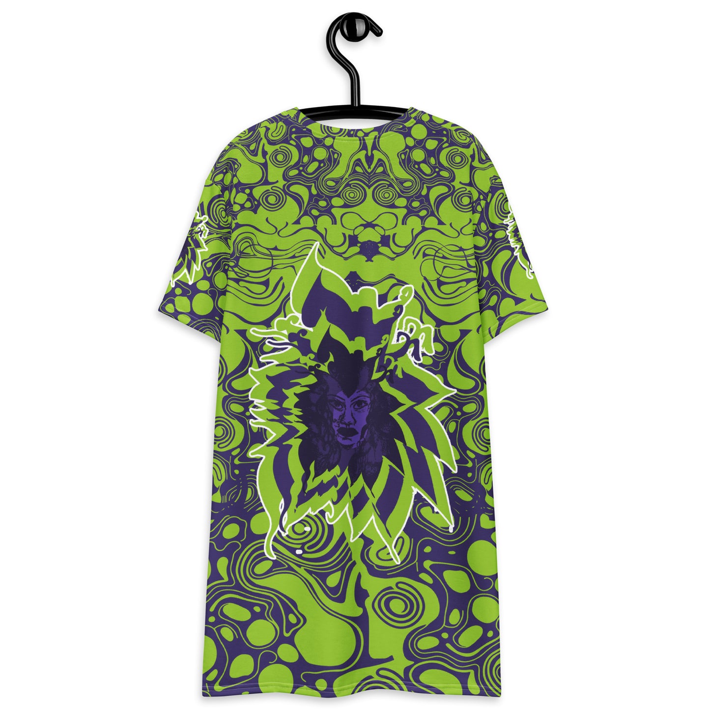 Green and purple t-shirt dress from Kloe Store featuring bold abstract patterns and a unique central artistic face design, perfect for a trendy and edgy streetwear style.