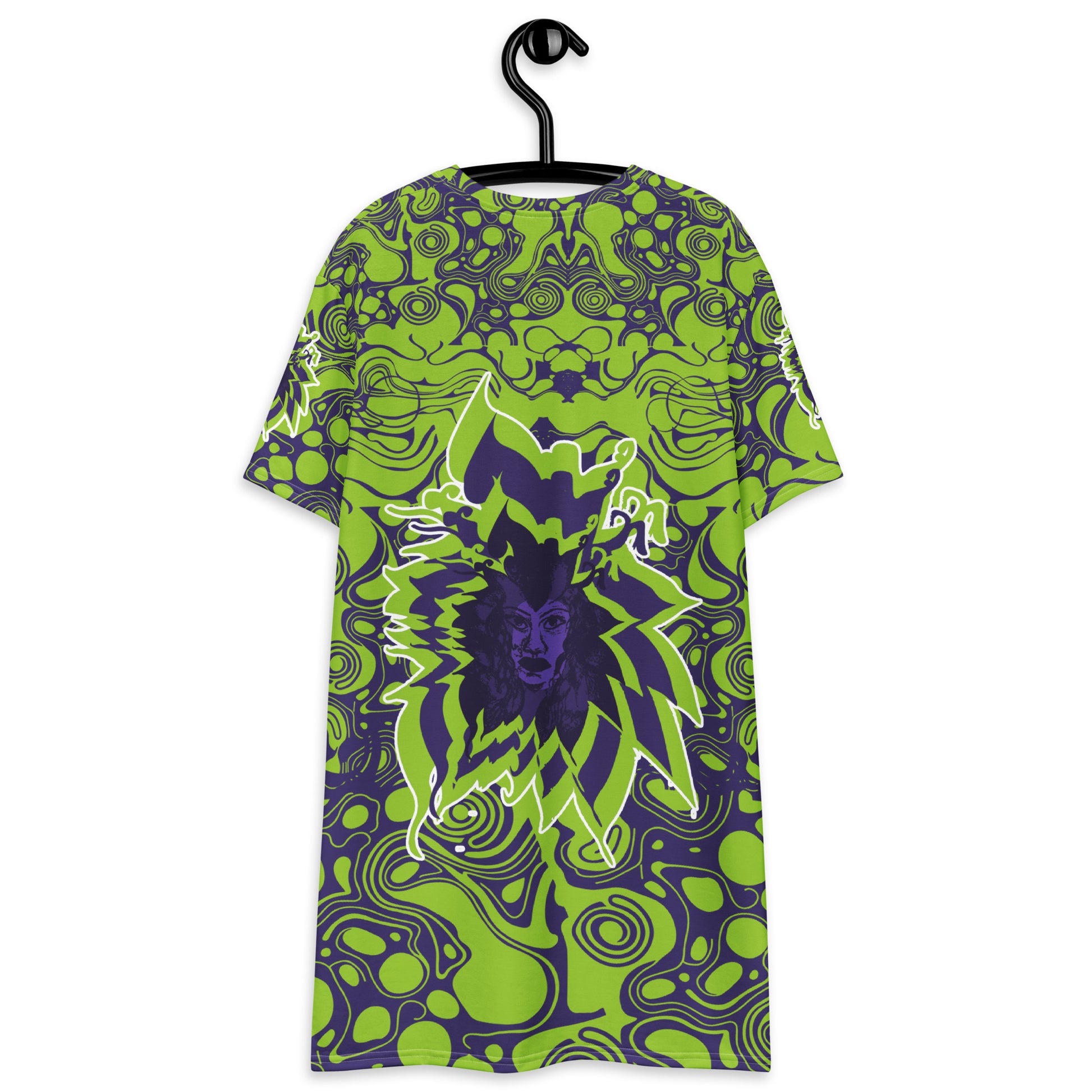 Green and purple t-shirt dress from Kloe Store featuring bold abstract patterns and a unique central artistic face design, perfect for a trendy and edgy streetwear style.
