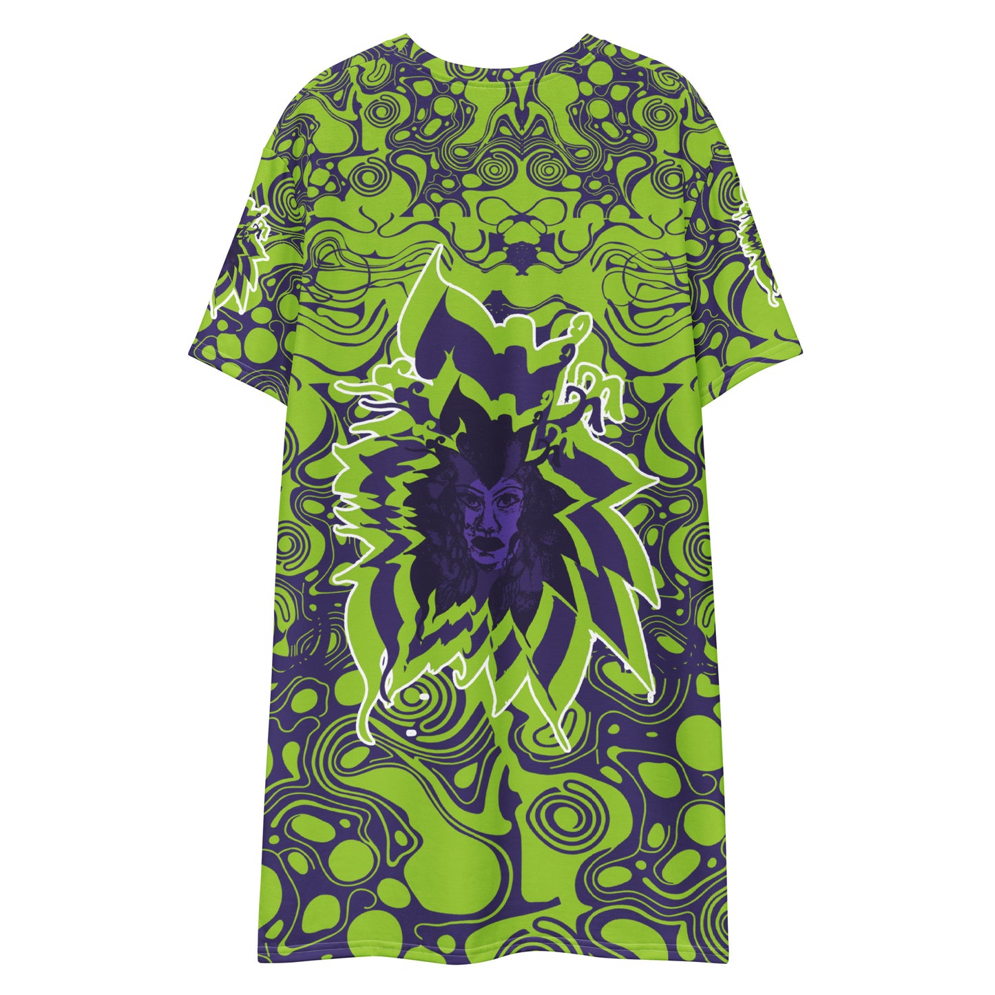 Green and purple t-shirt dress from Kloe Store featuring bold abstract patterns and a unique central artistic face design, perfect for a trendy and edgy streetwear style.