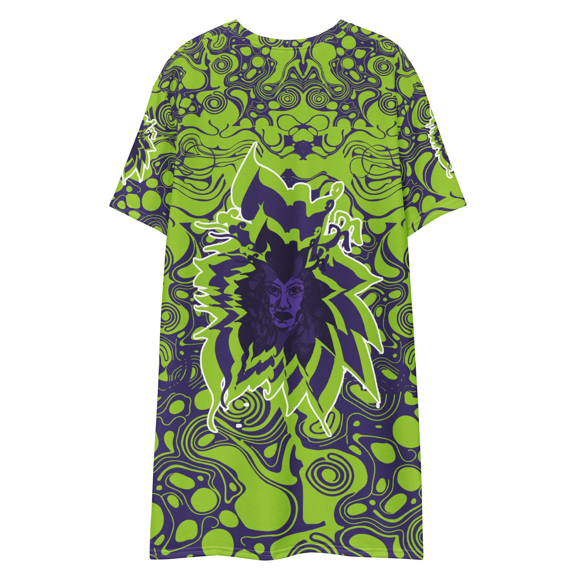 Green and purple t-shirt dress from Kloe Store featuring bold abstract patterns and a unique central artistic face design, perfect for a trendy and edgy streetwear style.