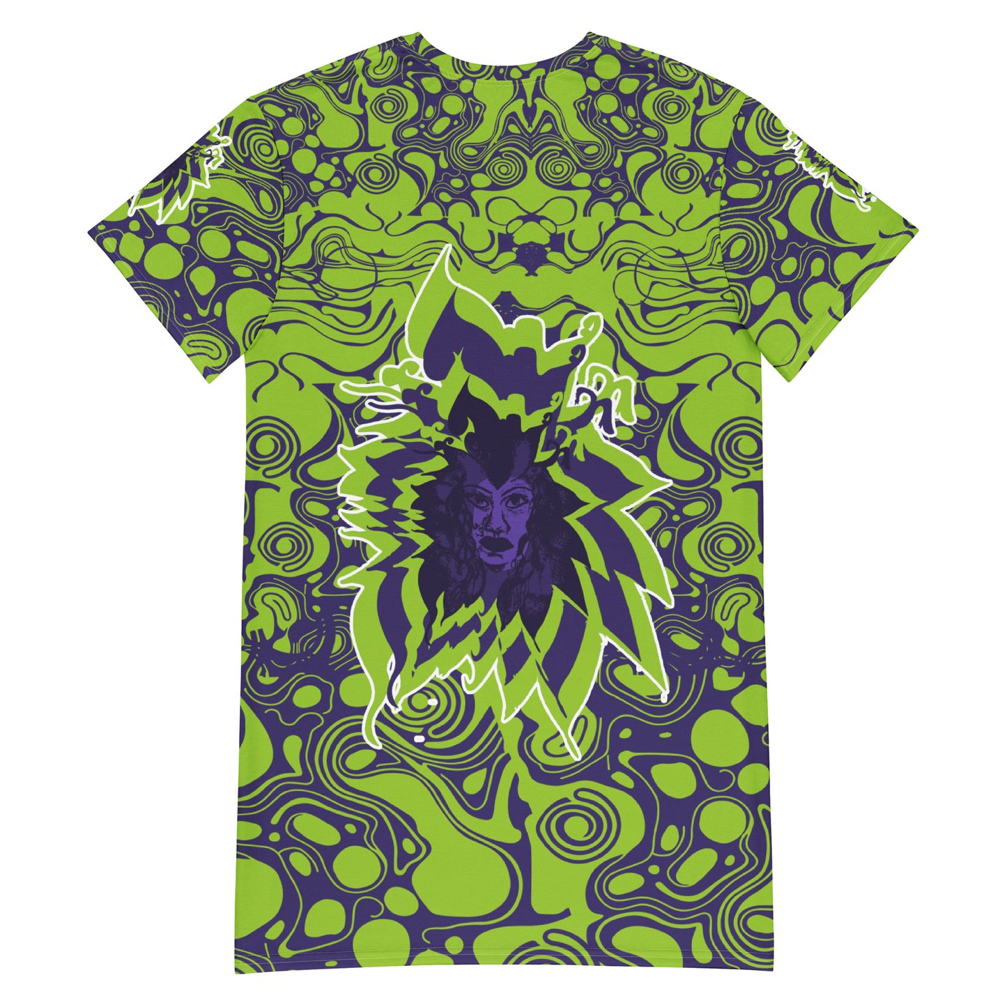 Green and purple t-shirt dress from Kloe Store featuring bold abstract patterns and a unique central artistic face design, perfect for a trendy and edgy streetwear style.