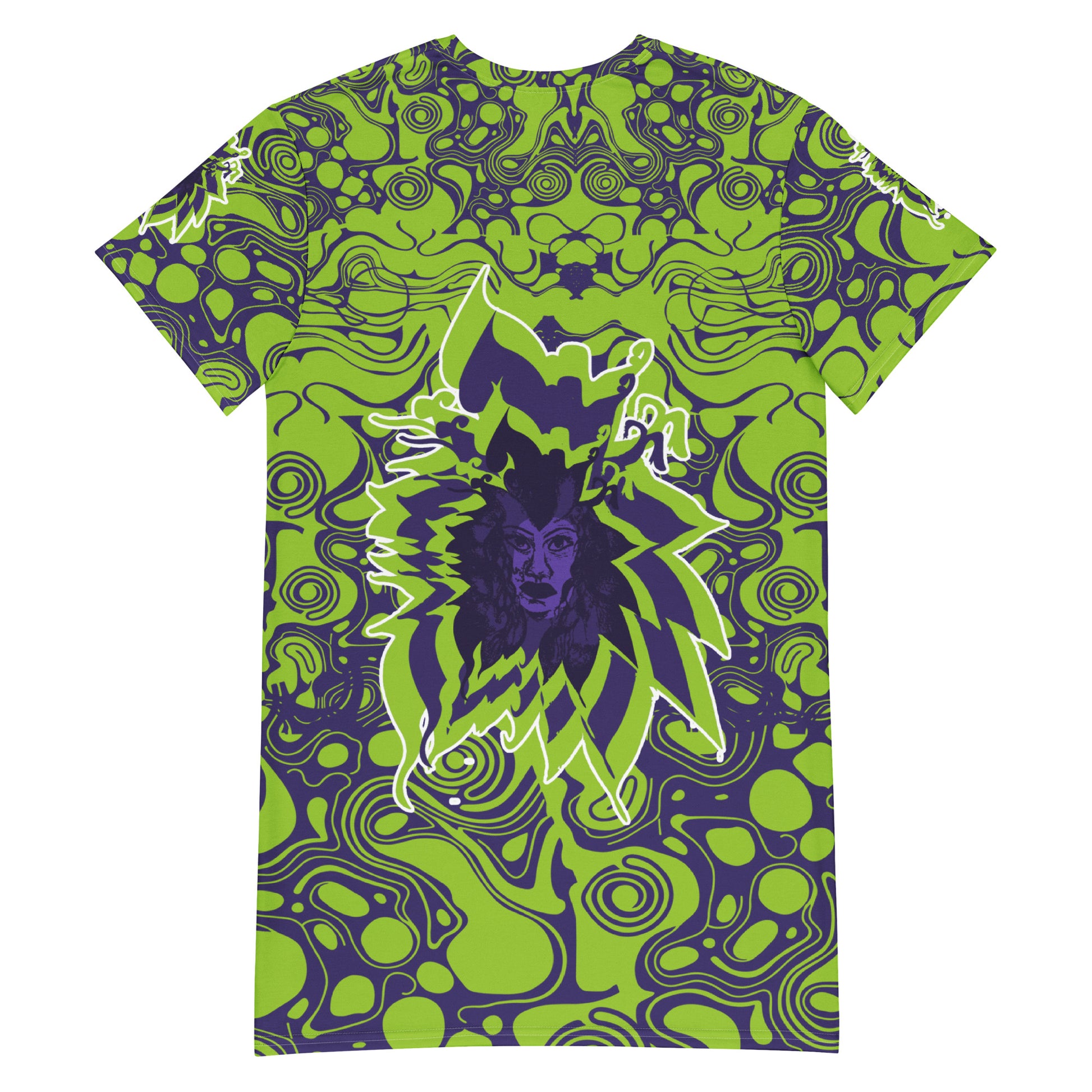 Green and purple t-shirt dress from Kloe Store featuring bold abstract patterns and a unique central artistic face design, perfect for a trendy and edgy streetwear style.
