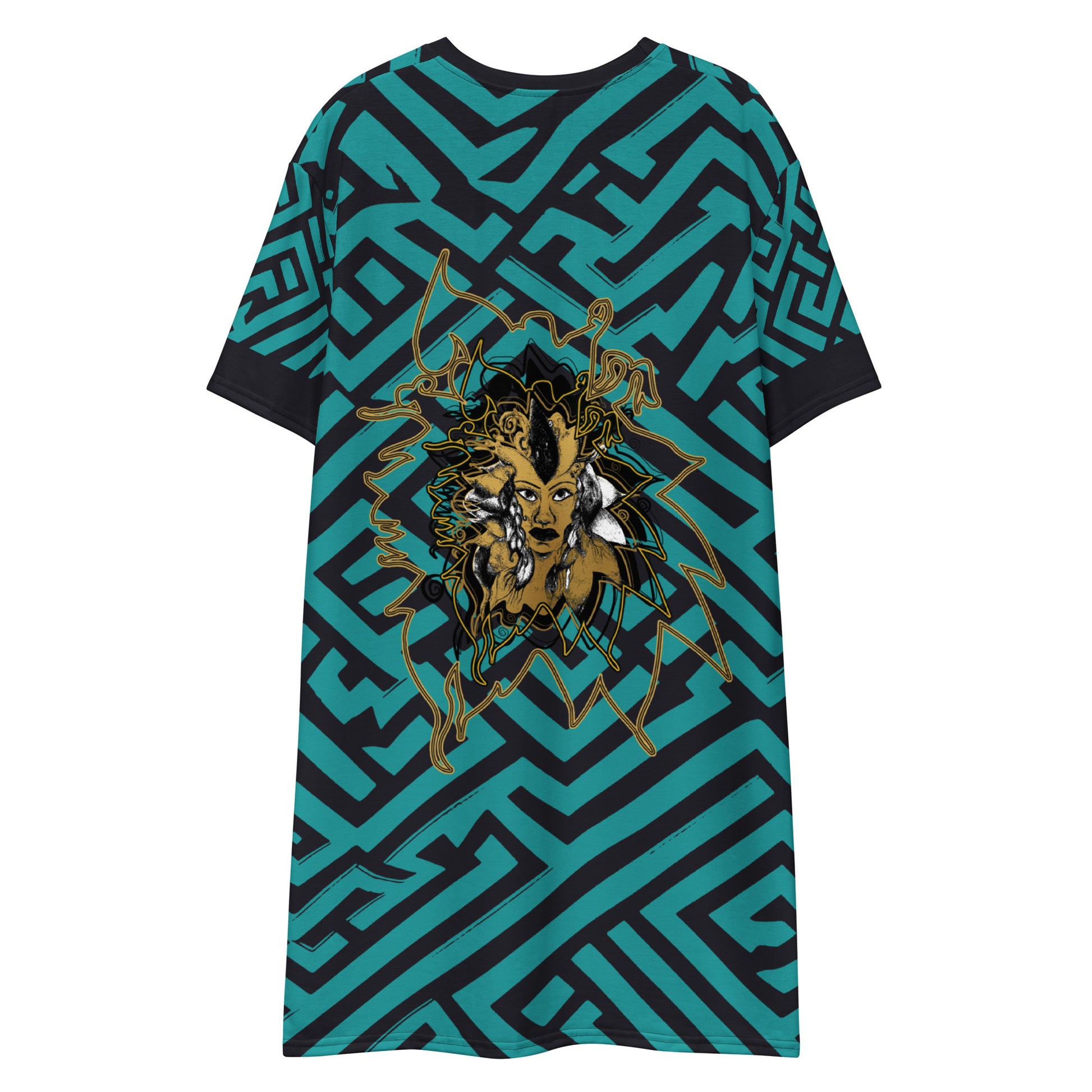 Back view of KLOE Store bohemian style dress featuring bold green and black geometric patterns with an intricate golden artistic face design, highlighting expressive and modern boho fashion.