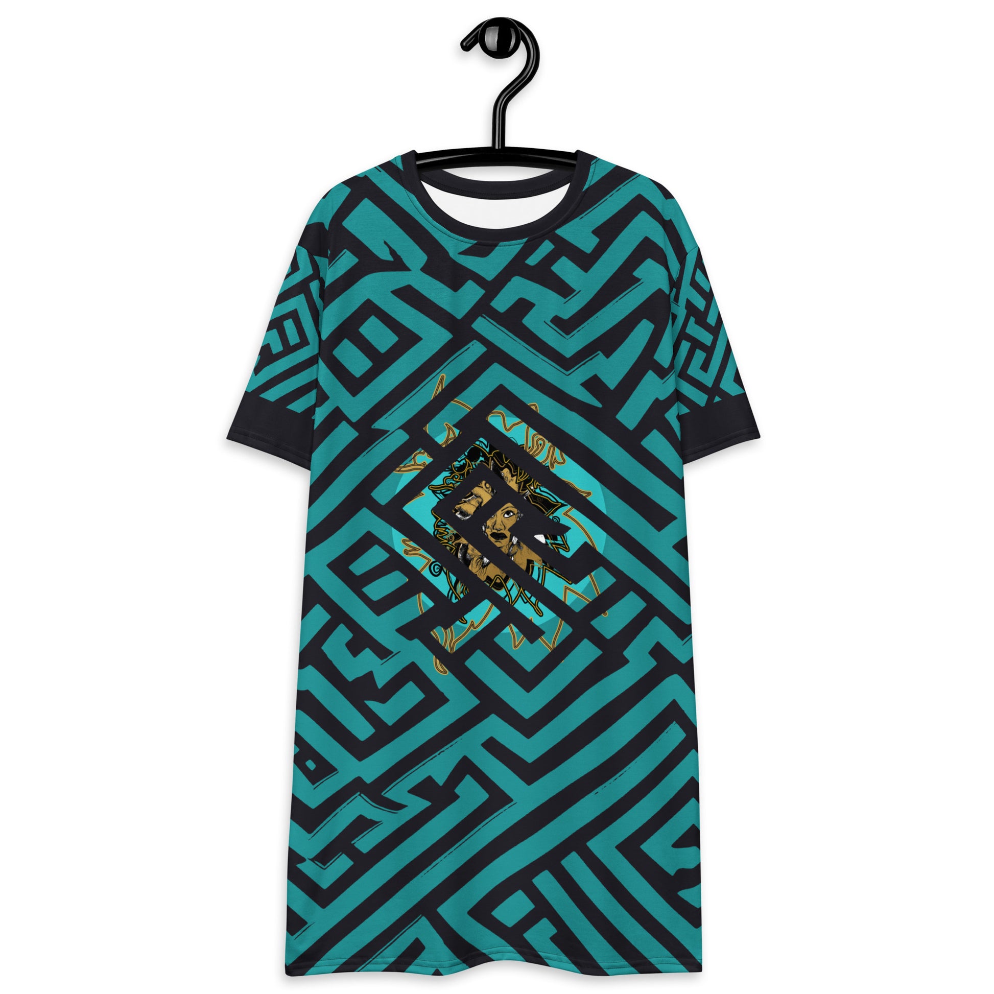 Front view of KLOE Store bohemian style dress featuring bold green and black geometric patterns with a central golden artistic face design, showcasing expressive and modern boho style fashion.