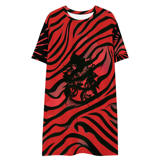 Bold red and black t-shirt dress from Kloe Store with an artistic face design, showcasing a stylish and edgy streetwear look with striking patterns and a modern, casual fit.