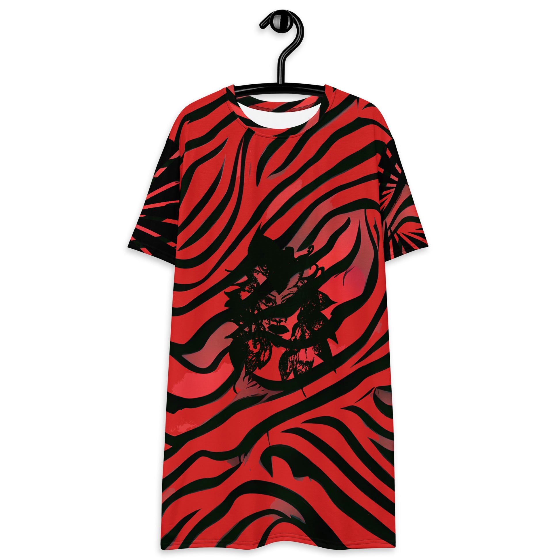 Bold red and black t-shirt dress from Kloe Store with an artistic face design, showcasing a stylish and edgy streetwear look with striking patterns and a modern, casual fit.