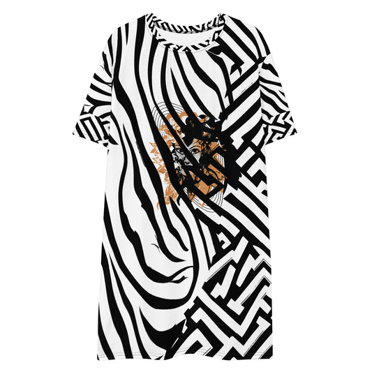 Bold black and white zebra print t-shirt dress from Kloe Store featuring an artistic face design in the center, showcasing unique streetwear style with abstract patterns and edgy fashion.