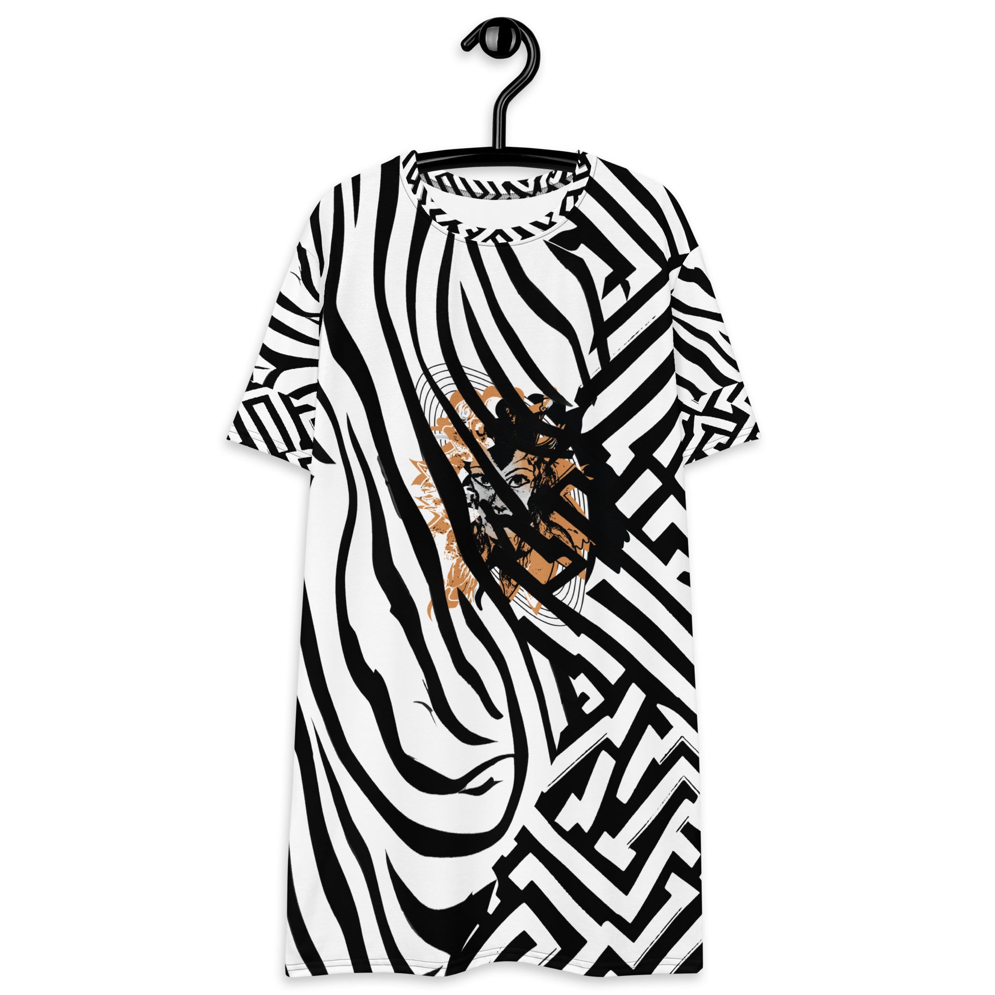 Model wearing bold black and white zebra print t-shirt dress from Kloe Store featuring an artistic face design in the center, showcasing unique streetwear style with abstract patterns and edgy fashion, fornt view, hanging on the hanger.