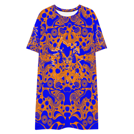 Bold blue and orange t-shirt dress from Kloe Store featuring intricate abstract patterns and a central artistic face design, offering a stylish and edgy streetwear look.