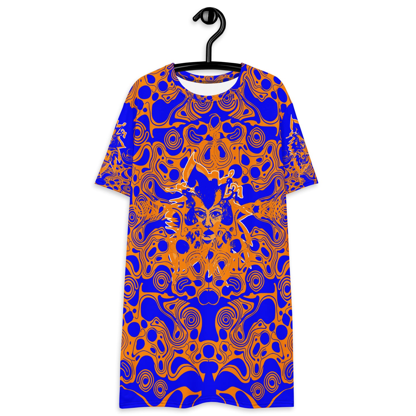 Bold blue and orange t-shirt dress from Kloe Store featuring intricate abstract patterns and a central artistic face design, offering a stylish and edgy streetwear look.
