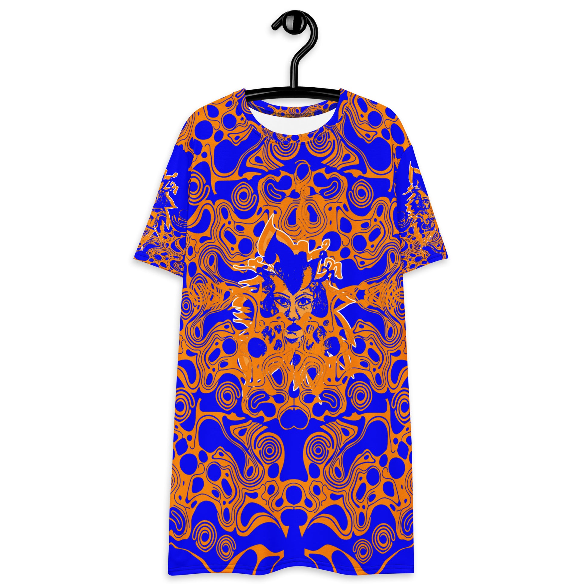 Bold blue and orange t-shirt dress from Kloe Store featuring intricate abstract patterns and a central artistic face design, offering a stylish and edgy streetwear look.