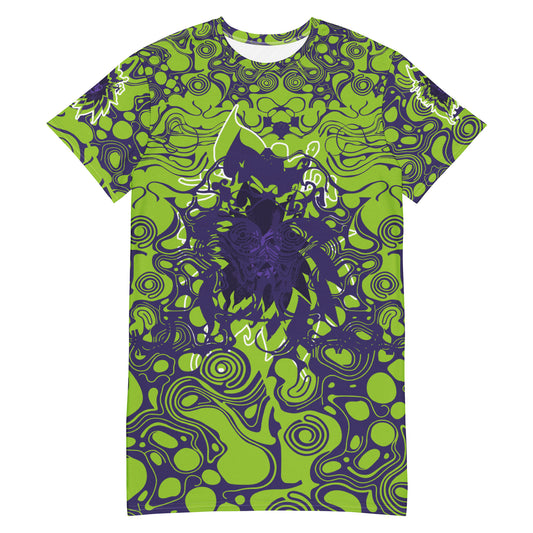 Green and purple t-shirt dress from Kloe Store featuring bold abstract patterns and a unique central artistic face design, perfect for a trendy and edgy streetwear style.
