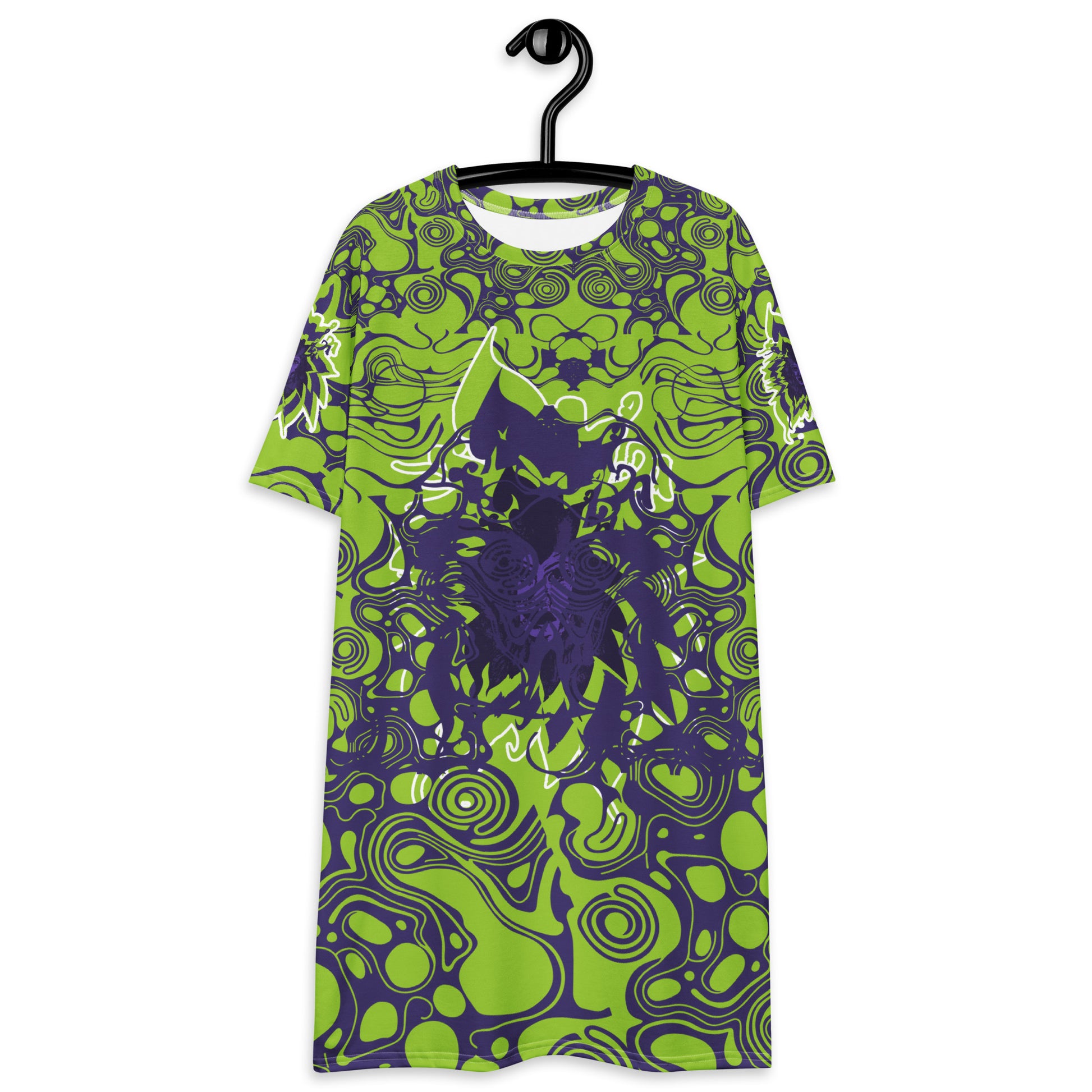 Green and purple t-shirt dress from Kloe Store featuring bold abstract patterns and a unique central artistic face design, perfect for a trendy and edgy streetwear style.