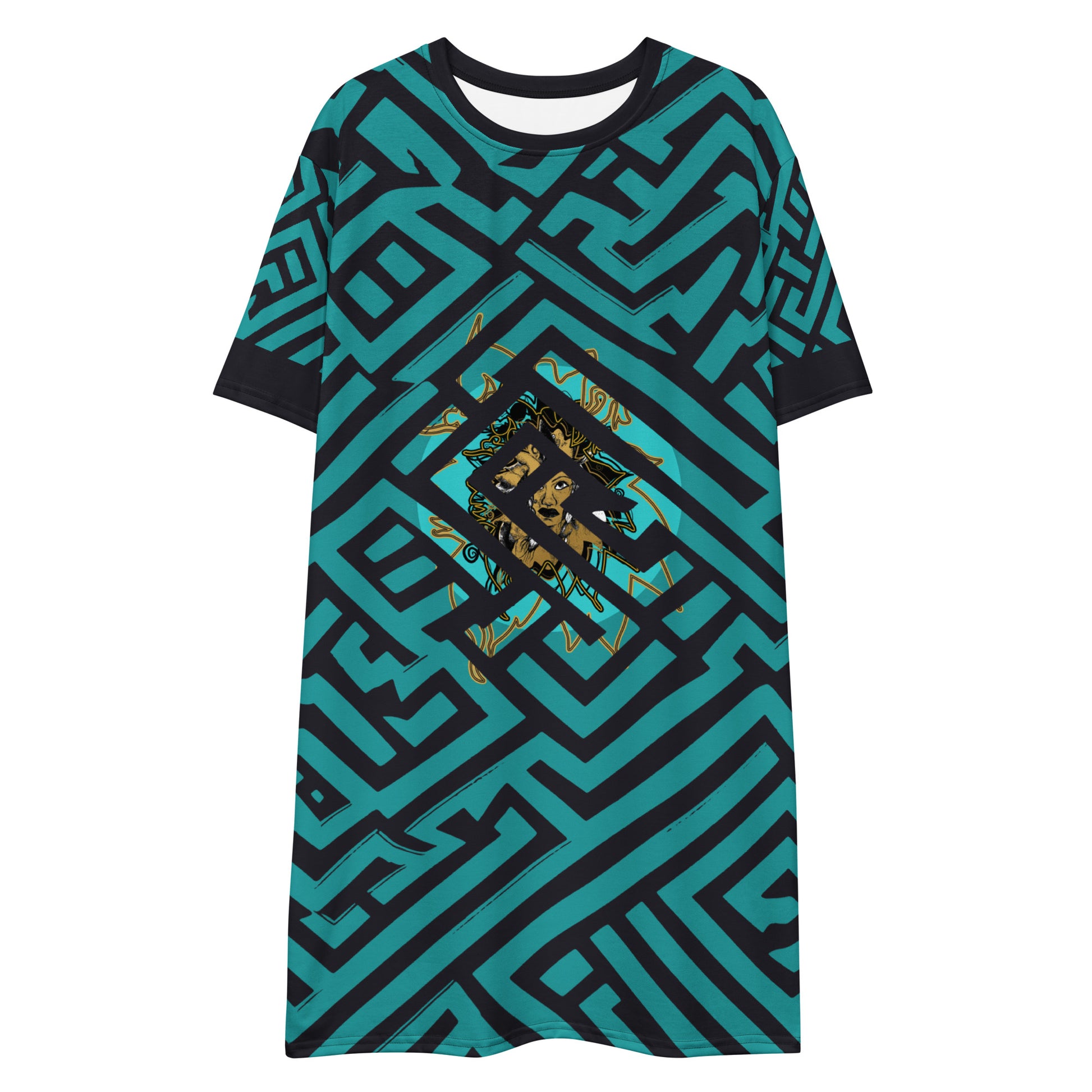 Front view of KLOE Store bohemian style dress featuring bold green and black geometric patterns with a central golden artistic face design, showcasing expressive and modern boho style fashion.