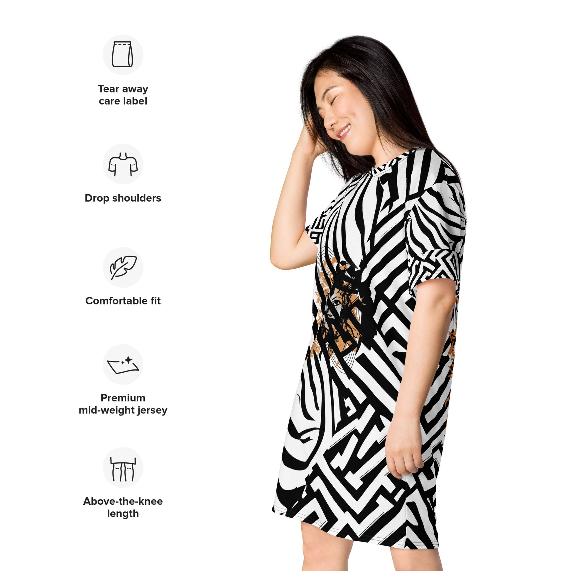 Model wearing bold black and white zebra print t-shirt dress from Kloe Store featuring an artistic face design in the center, showcasing unique streetwear style with abstract patterns and edgy fashion, with product specifications.
