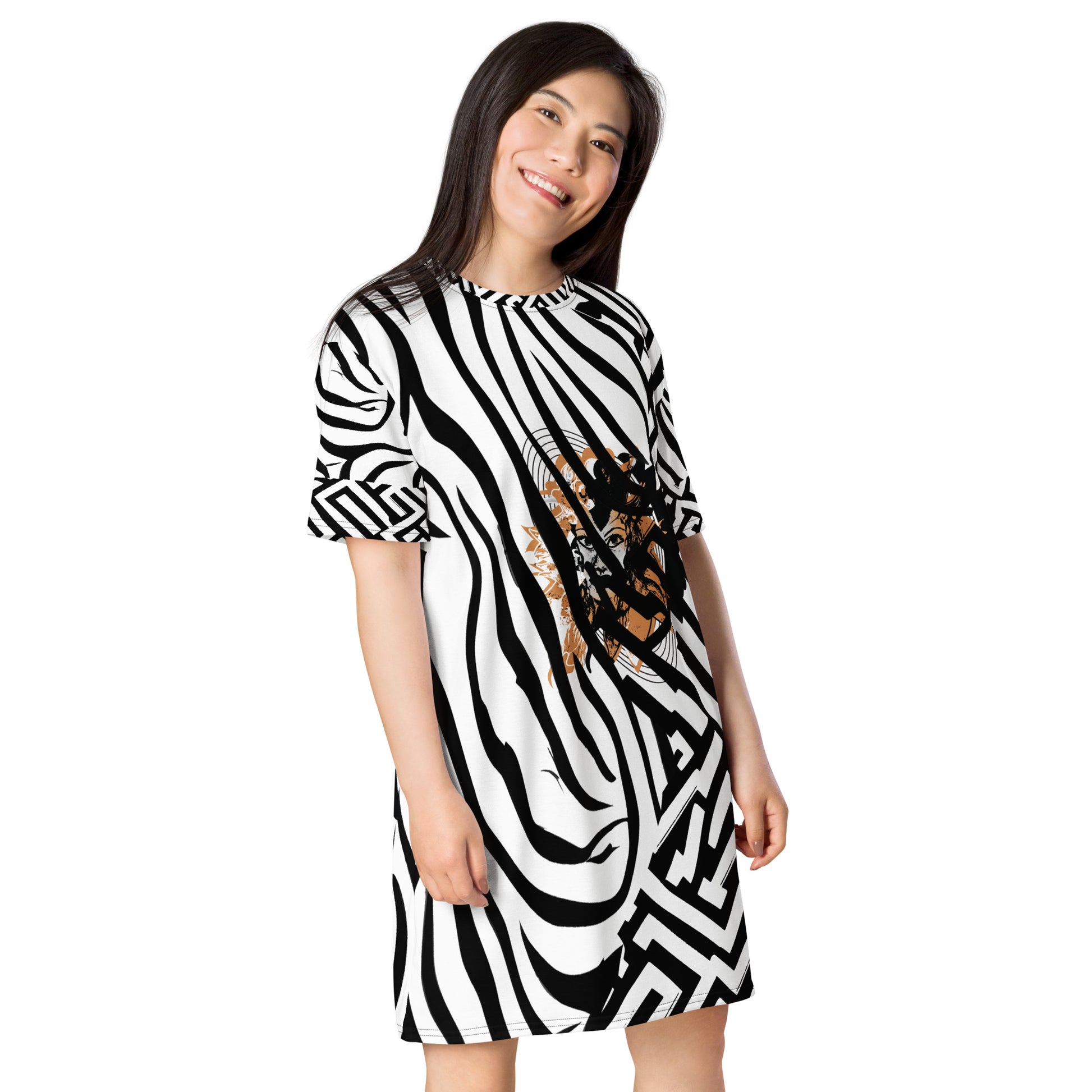 Model wearing bold black and white zebra print t-shirt dress from Kloe Store featuring an artistic face design in the center, showcasing unique streetwear style with abstract patterns and edgy fashion.