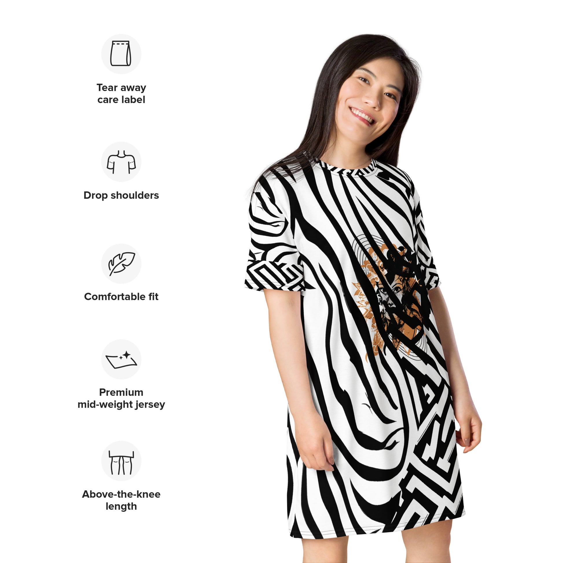 Model wearing bold black and white zebra print t-shirt dress from Kloe Store featuring an artistic face design in the center, showcasing unique streetwear style with abstract patterns and edgy fashion, with product specifications.
