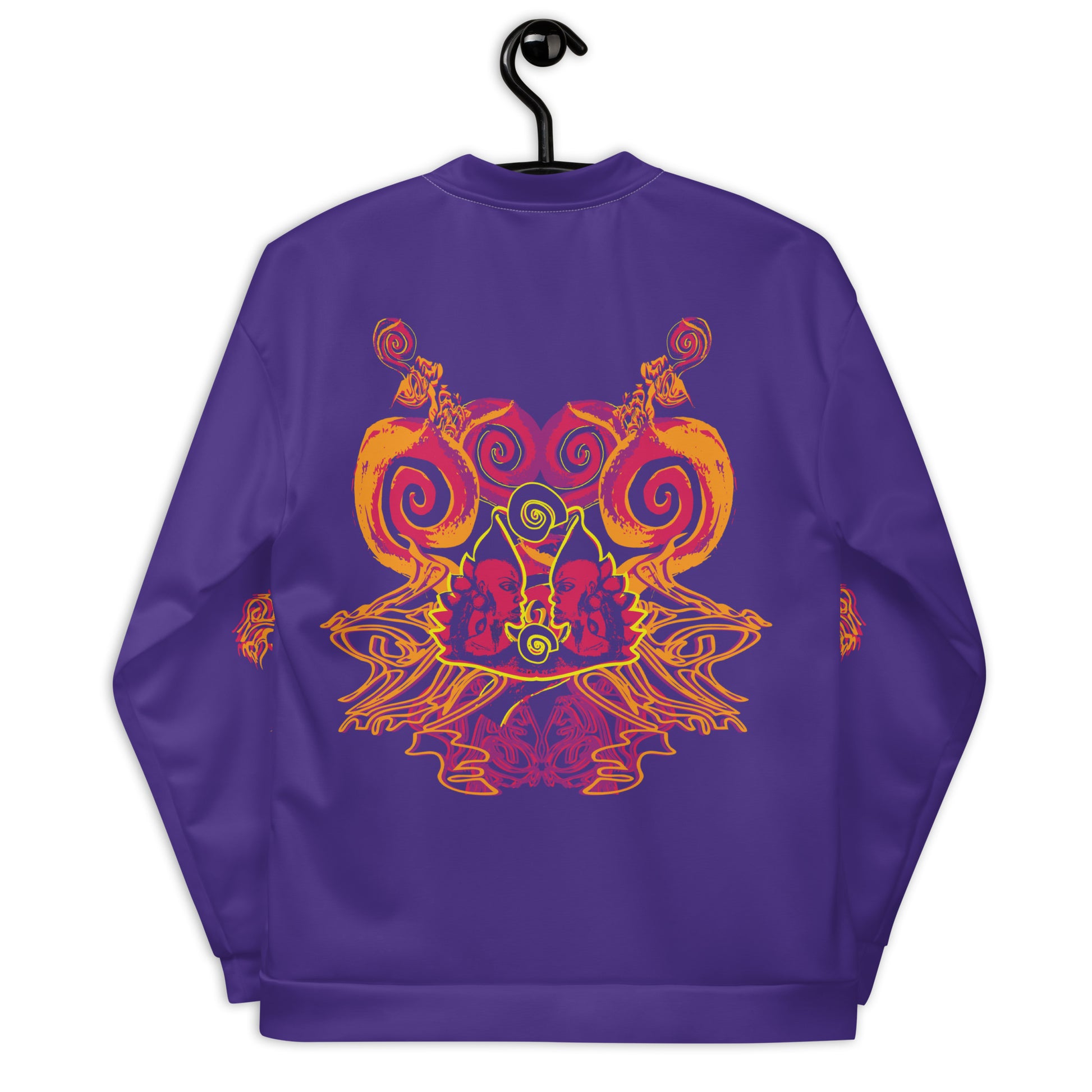 Back view of an old purple bomber jacket with vibrant orange and red culturally inspired patterns, featuring mirrored face design and swirling motifs — expressive fashion from KLOE’s The Secret Chambers of I & I collection.