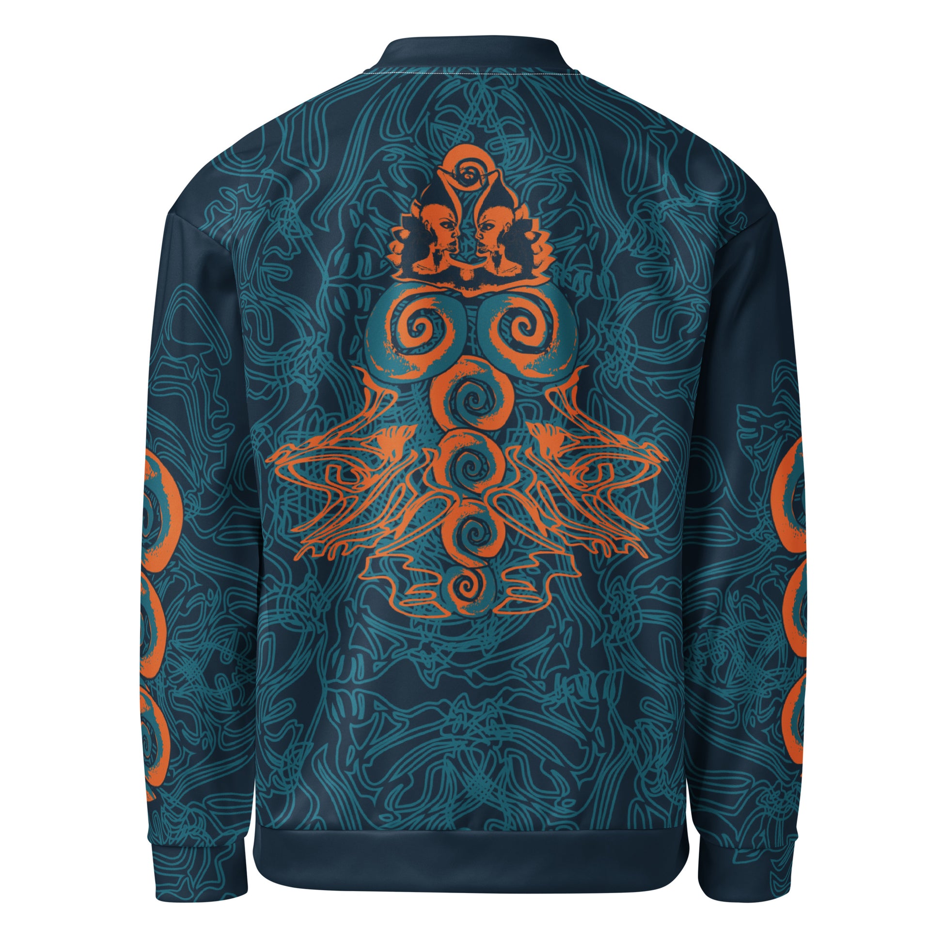Back view of a navy blue bomber jacket featuring intricate cyan linework and bold orange mirrored face motifs, with swirling tribal-inspired patterns.