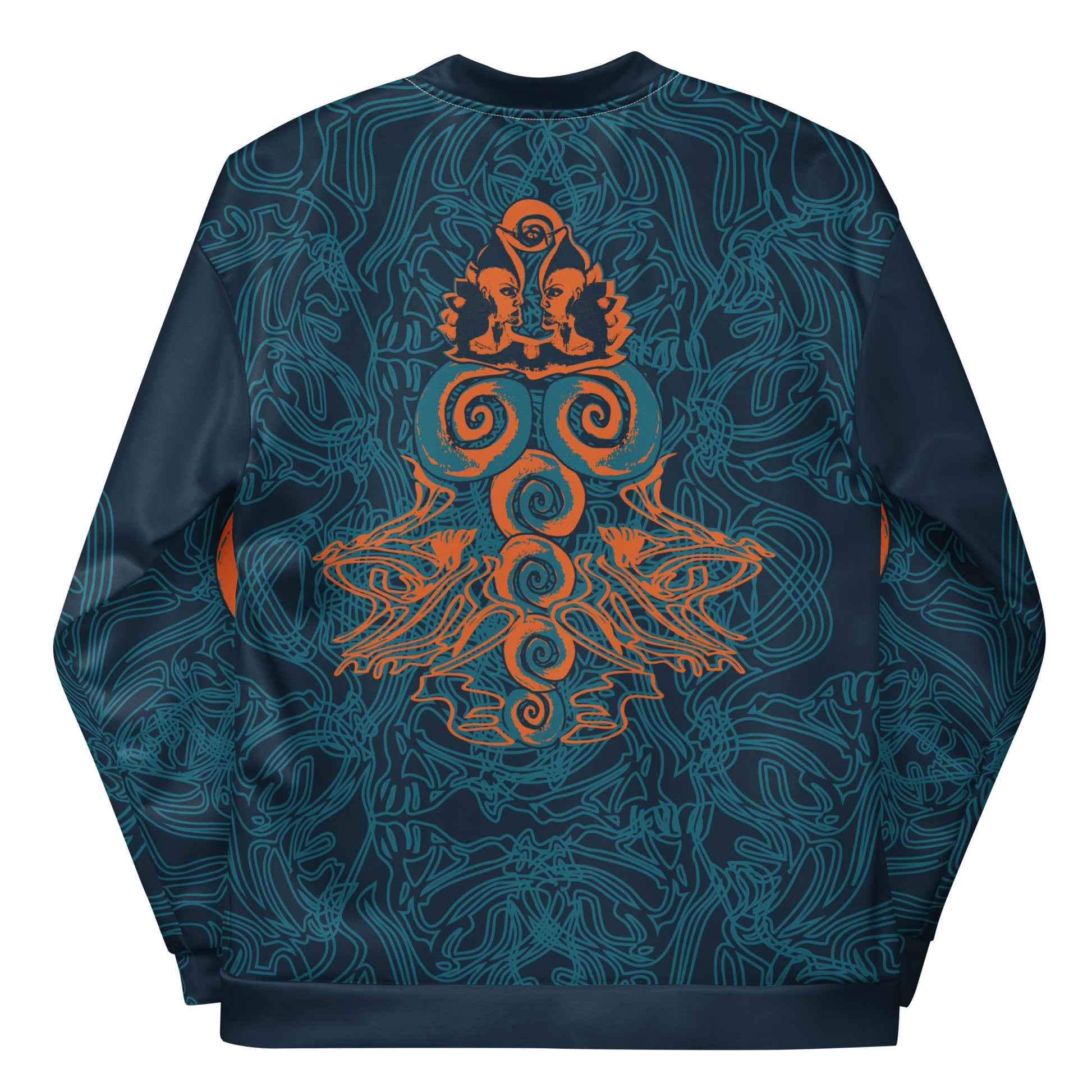 Back view of a navy blue bomber jacket featuring intricate cyan linework and bold orange mirrored face motifs, with swirling tribal-inspired patterns.