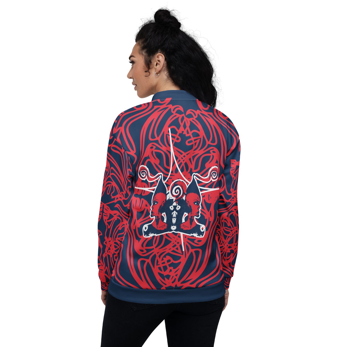 Bold navy and red streetwear bomber jacket featuring hand-drawn tribal patterns and mirrored face design, culturally inspired and crafted for a modern, edgy look – KLOE fashion.