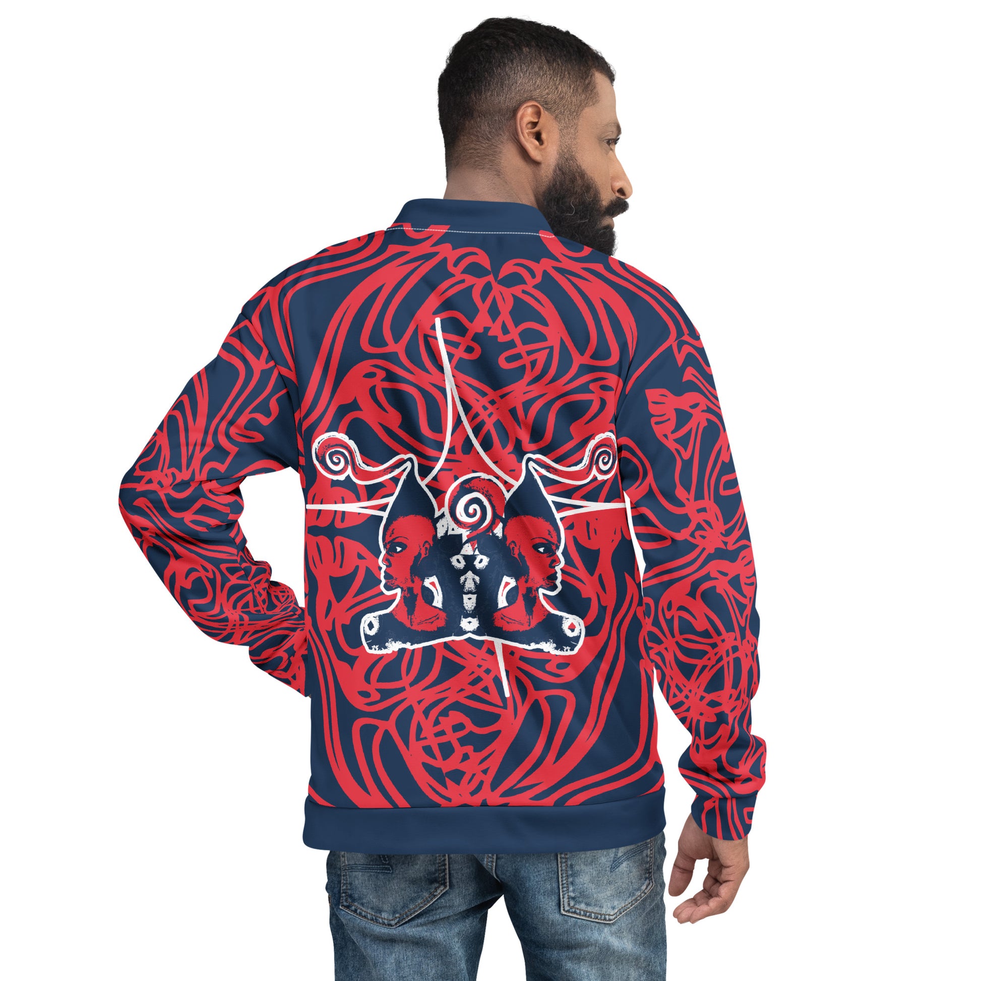 Bold navy and red streetwear bomber jacket featuring hand-drawn tribal patterns and mirrored face design, culturally inspired and crafted for a modern, edgy look – KLOE fashion.