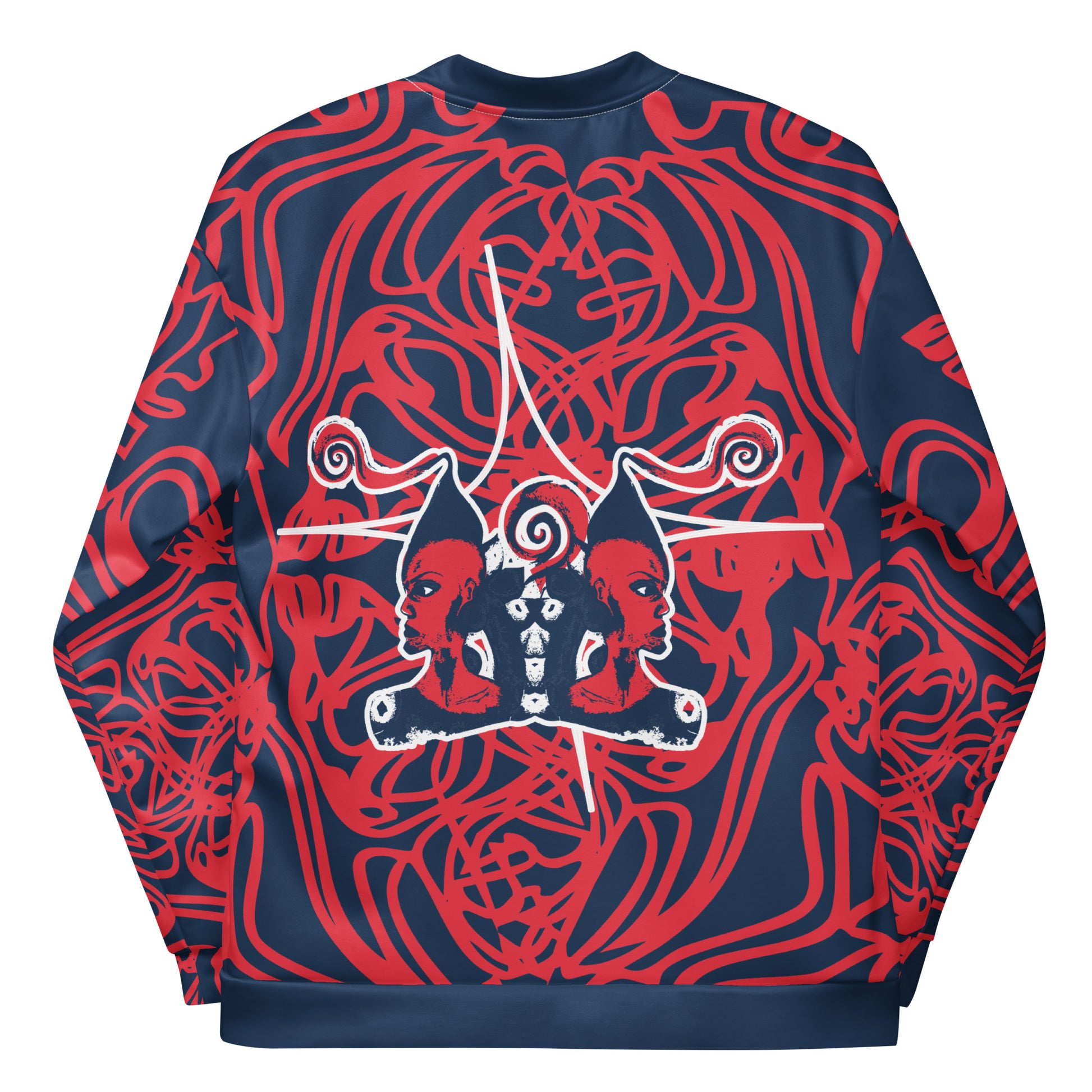 Bold navy and red streetwear bomber jacket featuring hand-drawn tribal patterns and mirrored face design, culturally inspired and crafted for a modern, edgy look – KLOE fashion.