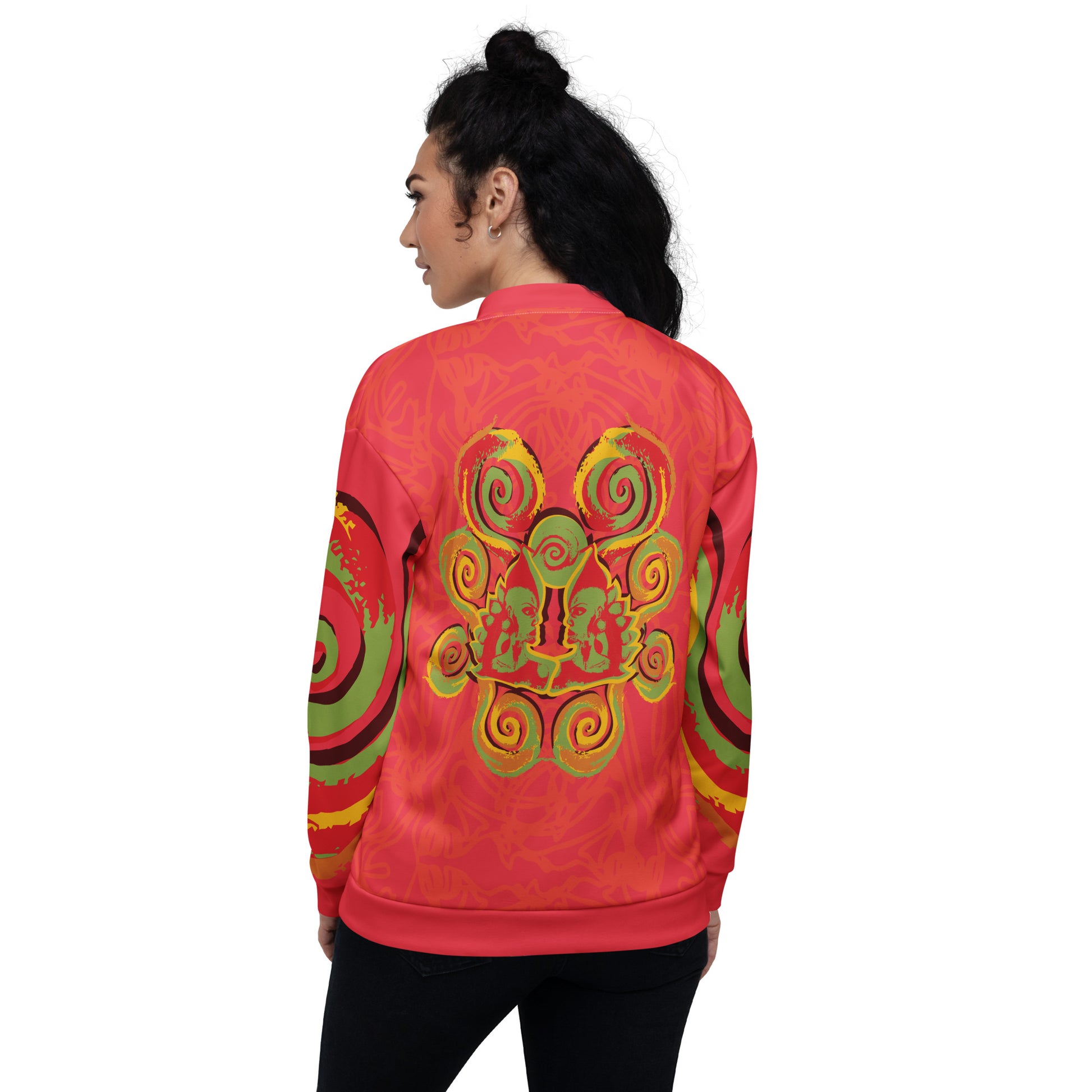 Red bomber jacket with vibrant swirl sleeve details and mirrored face design on the back, inspired by cultural art and bold self-expression.
