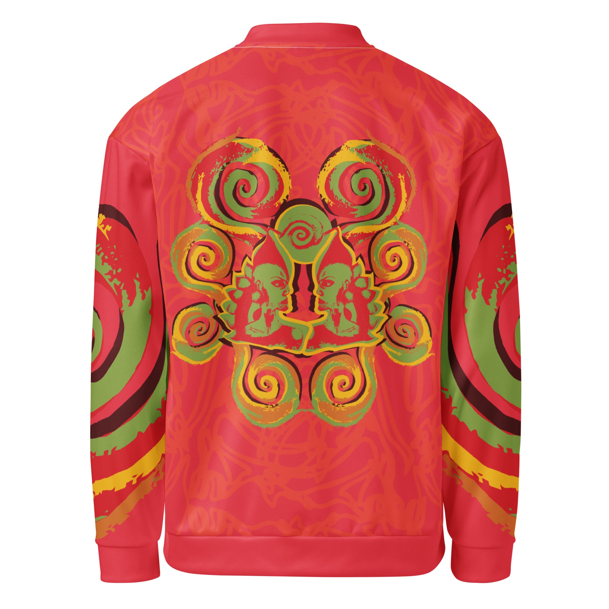 Red bomber jacket with vibrant swirl sleeve details and mirrored face design on the back, inspired by cultural art and bold self-expression.