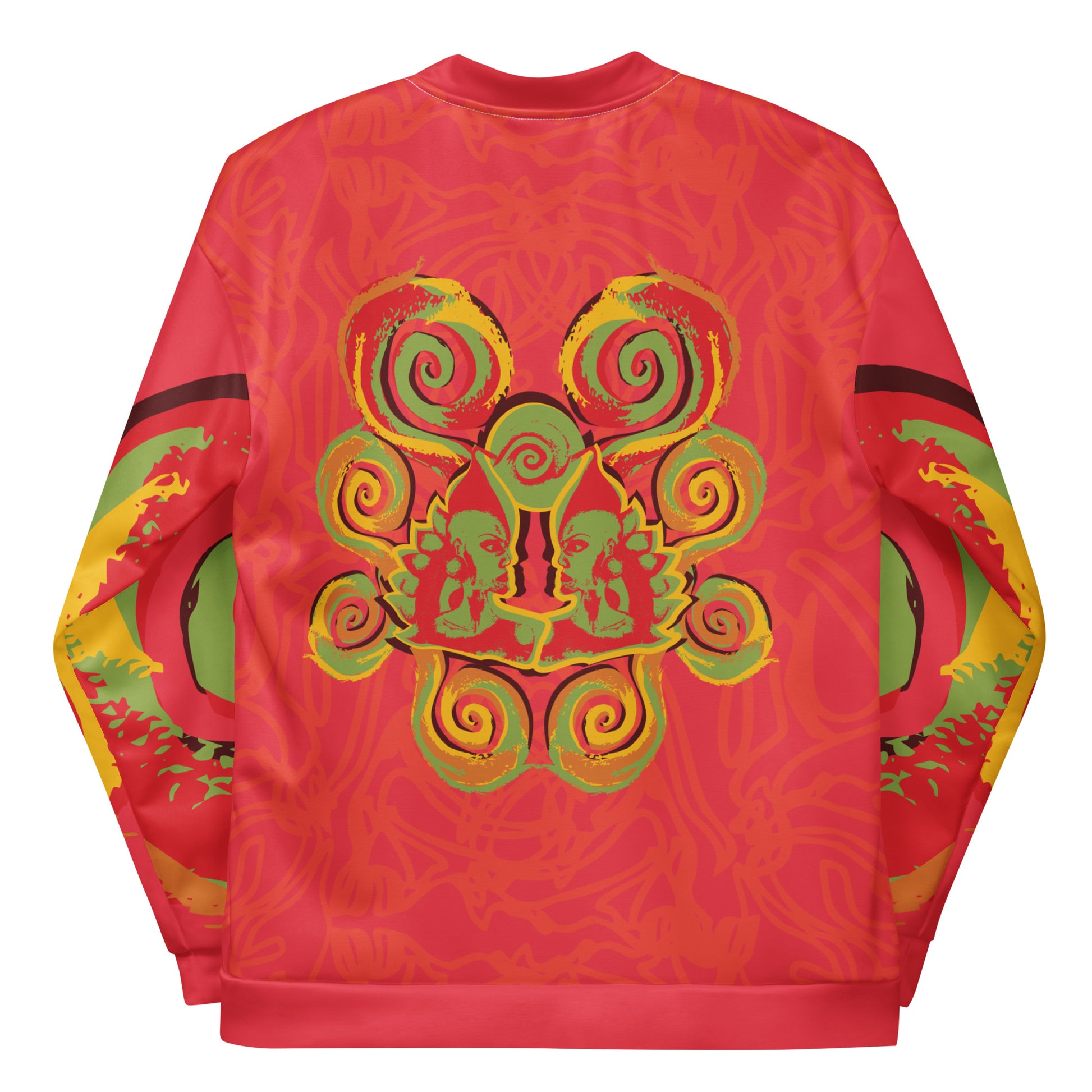 Red bomber jacket with vibrant swirl sleeve details and mirrored face design on the back, inspired by cultural art and bold self-expression.