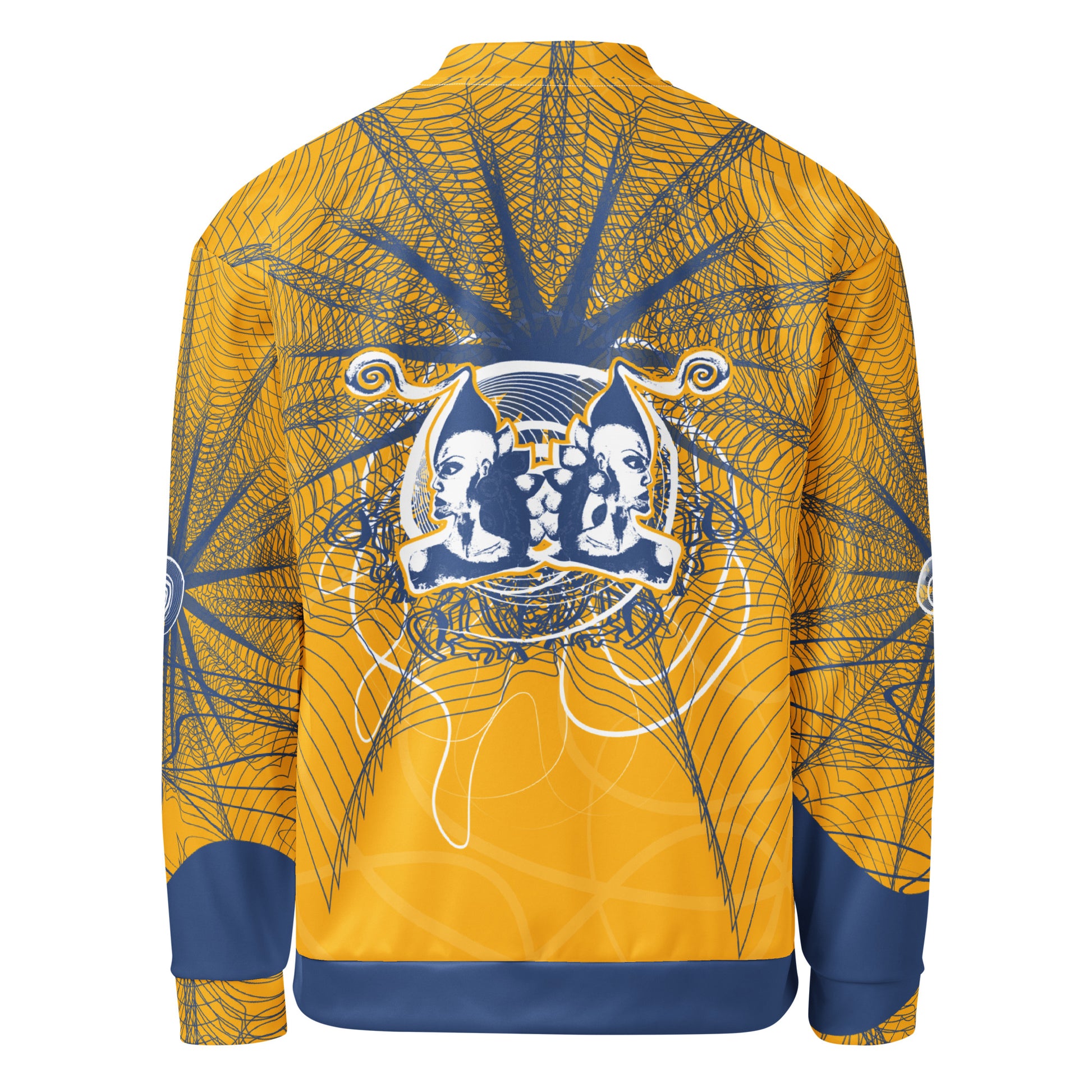 Back view of a golden yellow bomber jacket with intricate navy line art and a mirrored face emblem, combining bold cultural visuals with modern streetwear from the Secret Chambers of I and I collection.