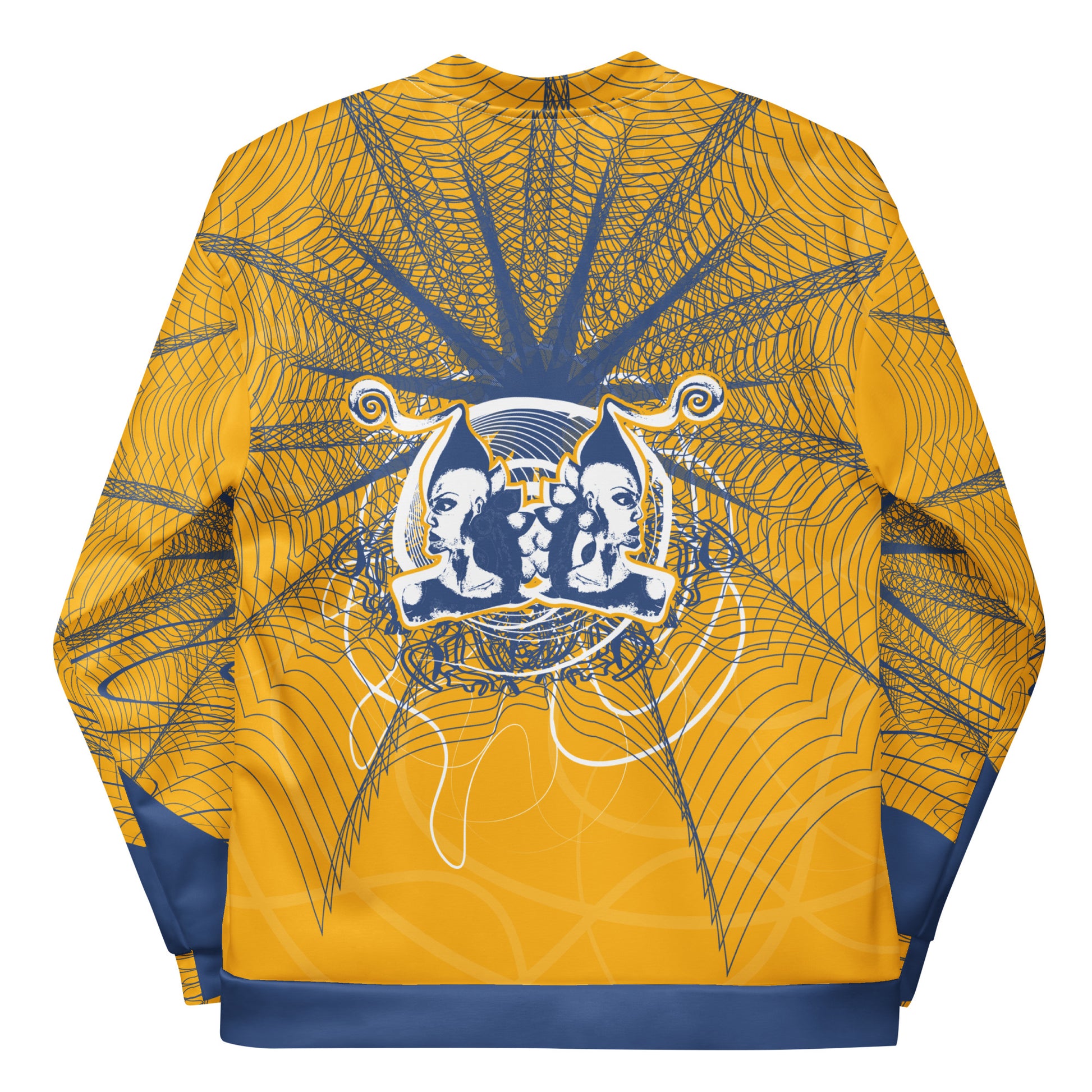 Back view of a golden yellow bomber jacket with intricate navy line art and a mirrored face emblem, combining bold cultural visuals with modern streetwear from the Secret Chambers of I and I collection.