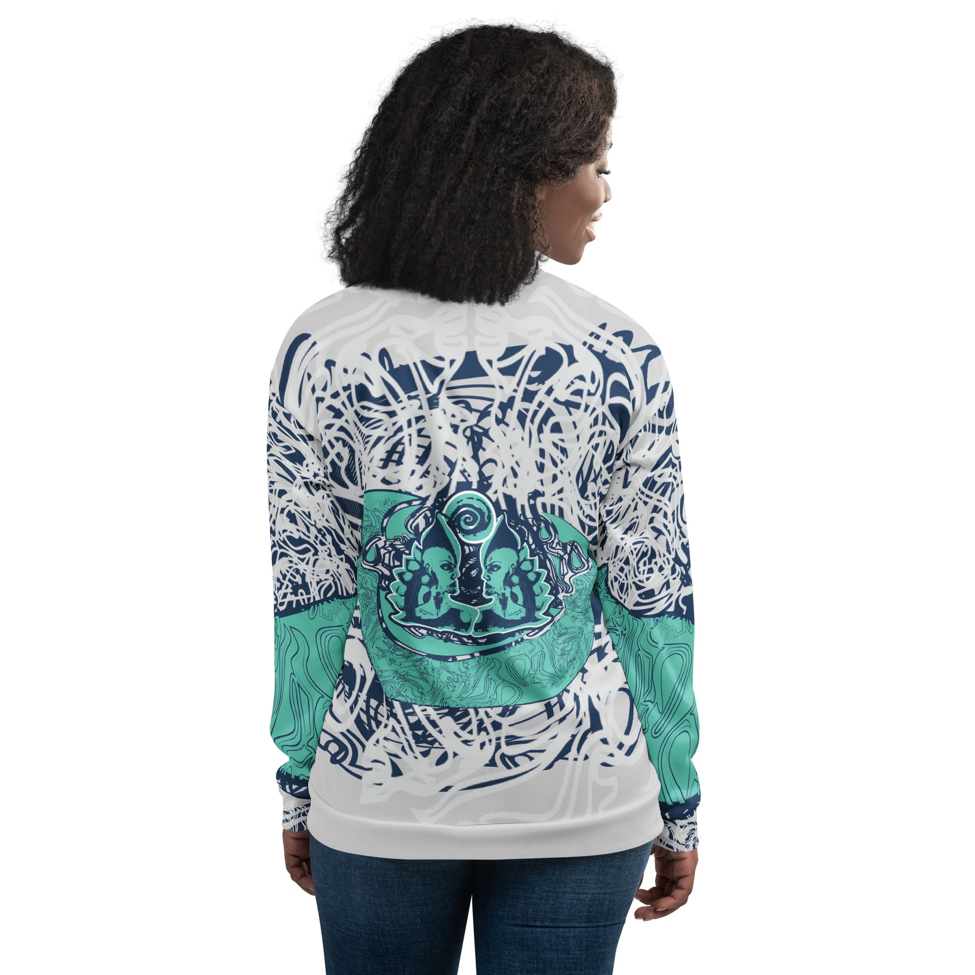 Unisex bomber jacket with full-body abstract print in navy and jade, featuring hand-drawn mirrored faces and layered spiral motifs—designed for standout individuality.