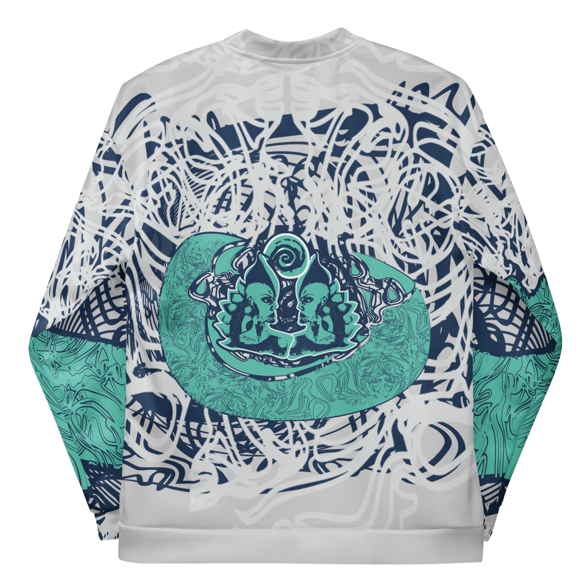 Unisex bomber jacket with full-body abstract print in navy and jade, featuring hand-drawn mirrored faces and layered spiral motifs—designed for standout individuality.