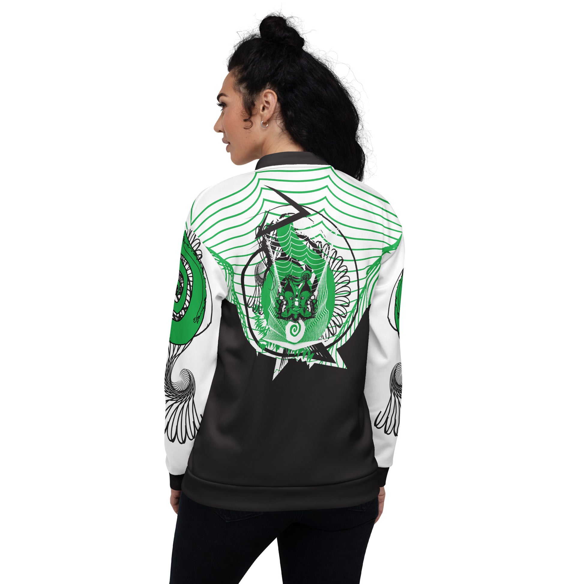Hand-illustrated unisex bomber jacket featuring bold green spirals and a drawing of two mirrored faces — designed for fearless self-expression and rooted in global artistic influence, exclusive to KLOE.