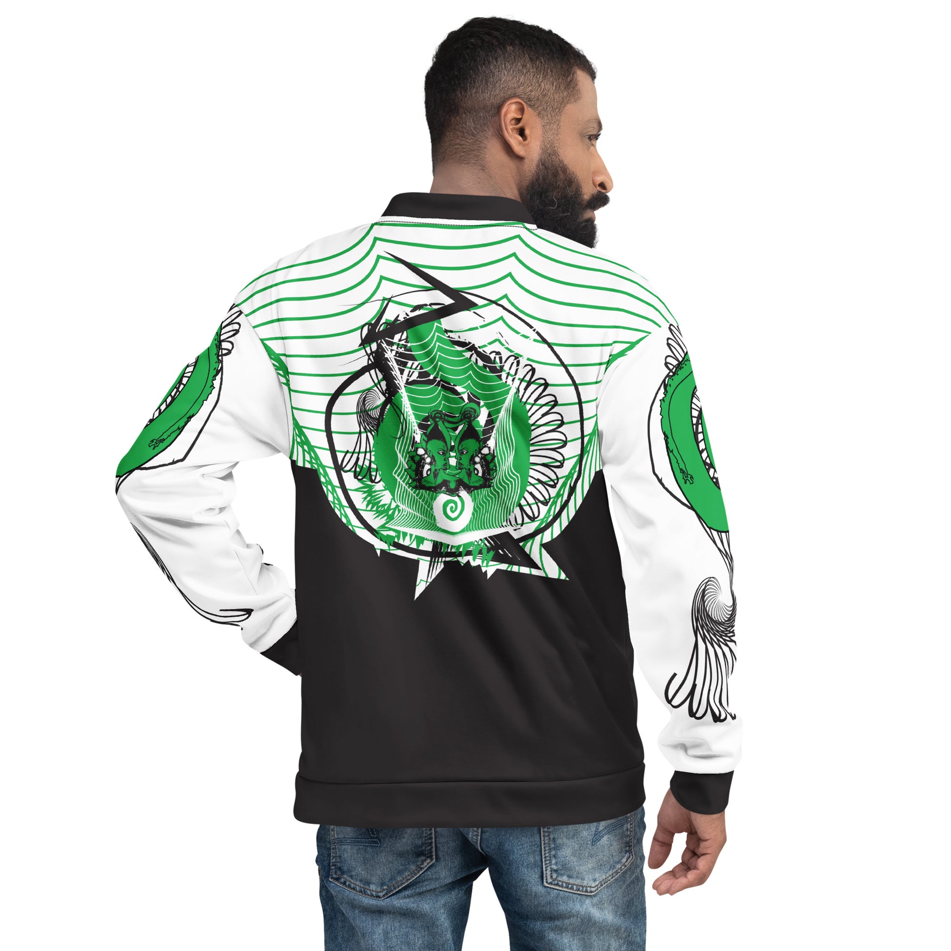 Hand-illustrated unisex bomber jacket featuring bold green spirals and a drawing of two mirrored faces — designed for fearless self-expression and rooted in global artistic influence, exclusive to KLOE.