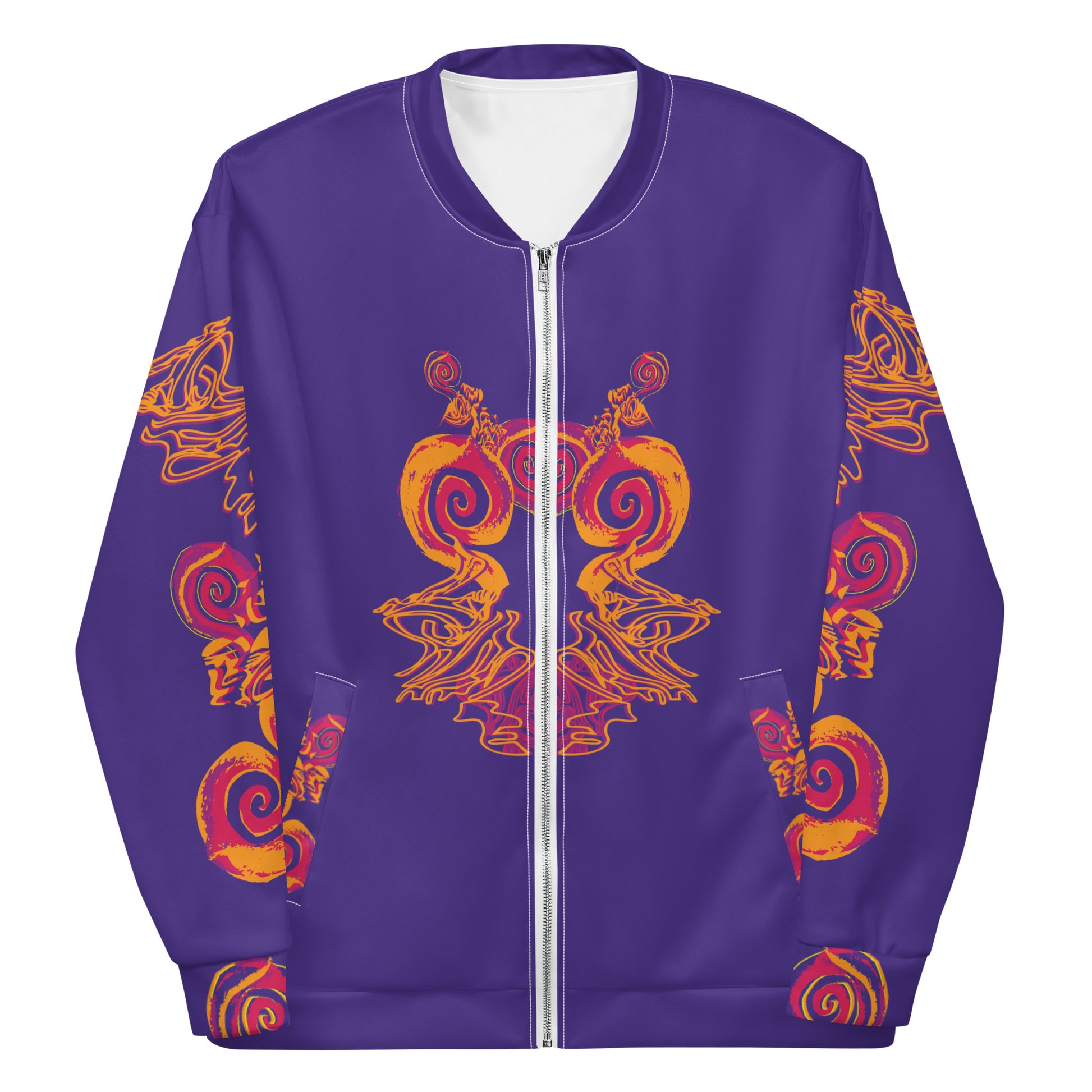 Bold purple bomber jacket with vibrant orange and red culturally inspired patterns, featuring mirrored face design and swirling motifs — expressive fashion from KLOE’s The Secret Chambers of I & I collection.