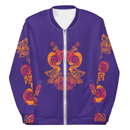 Bold purple bomber jacket with vibrant orange and red culturally inspired patterns, featuring mirrored face design and swirling motifs — expressive fashion from KLOE’s The Secret Chambers of I & I collection.