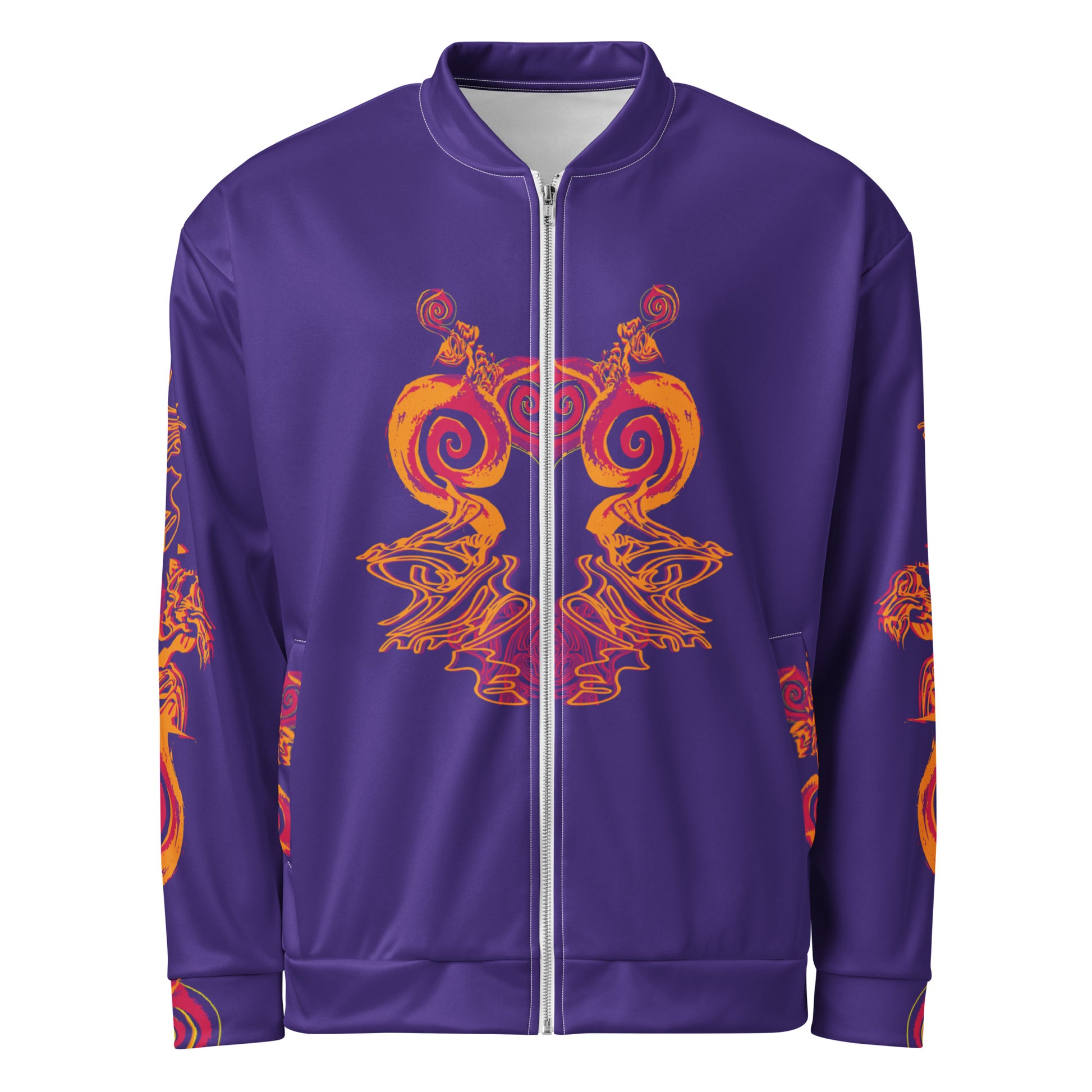Front view of an old purple bomber jacket with vibrant orange and red culturally inspired patterns, featuring mirrored face design and swirling motifs — expressive fashion from KLOE’s The Secret Chambers of I & I collection.