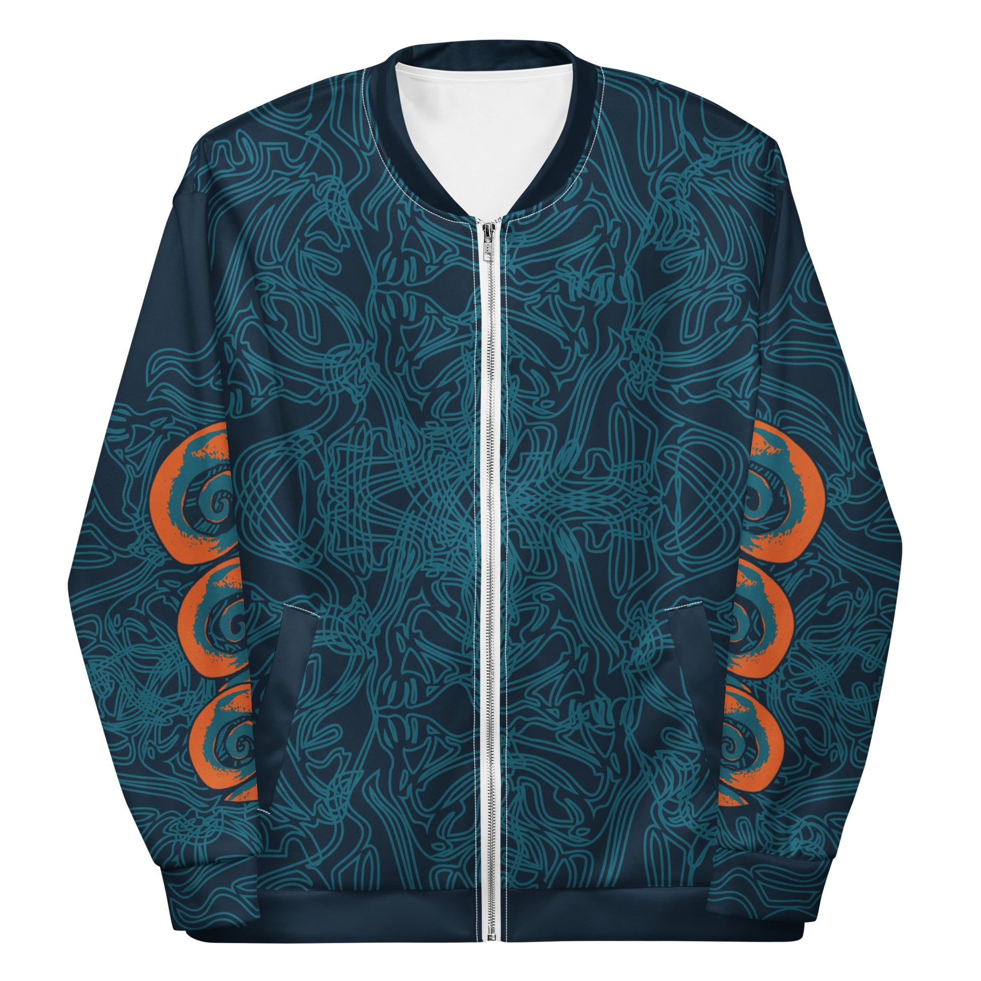 Front view of a navy blue bomber jacket with intricate cyan patterns, orange circular sleeve accents, and a zip-up closure.