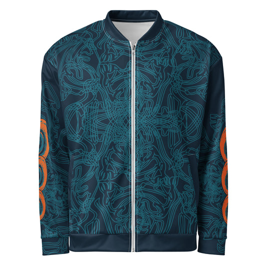 Front view of a navy blue bomber jacket with intricate cyan patterns, orange circular sleeve accents, and a zip-up closure.