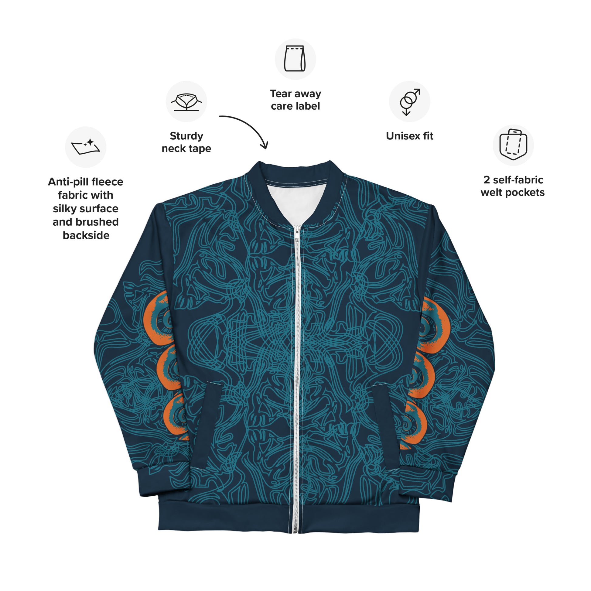 Front view of a navy blue bomber jacket with intricate cyan patterns, orange circular sleeve accents, and a zip-up closure, on a model, with product details.