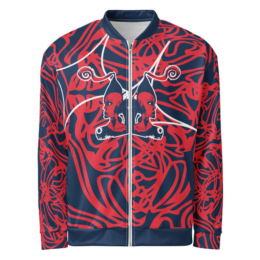 Bold navy and red streetwear bomber jacket featuring hand-drawn tribal patterns and mirrored face design, culturally inspired and crafted for a modern, edgy look – KLOE fashion.