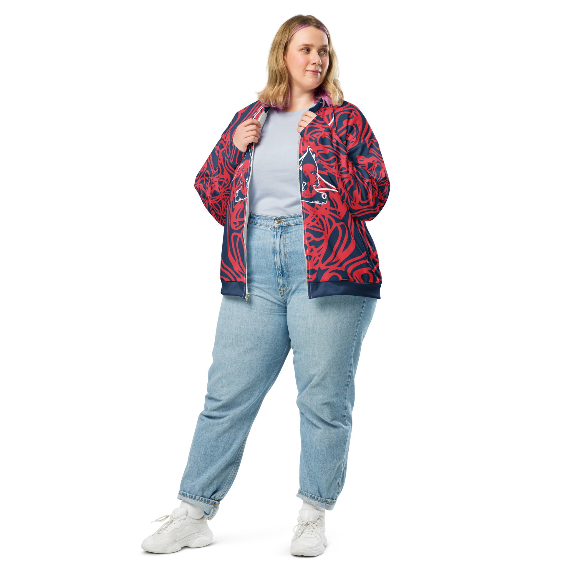 Bold navy and red streetwear bomber jacket featuring hand-drawn tribal patterns and mirrored face design, culturally inspired and crafted for a modern, edgy look – KLOE fashion.