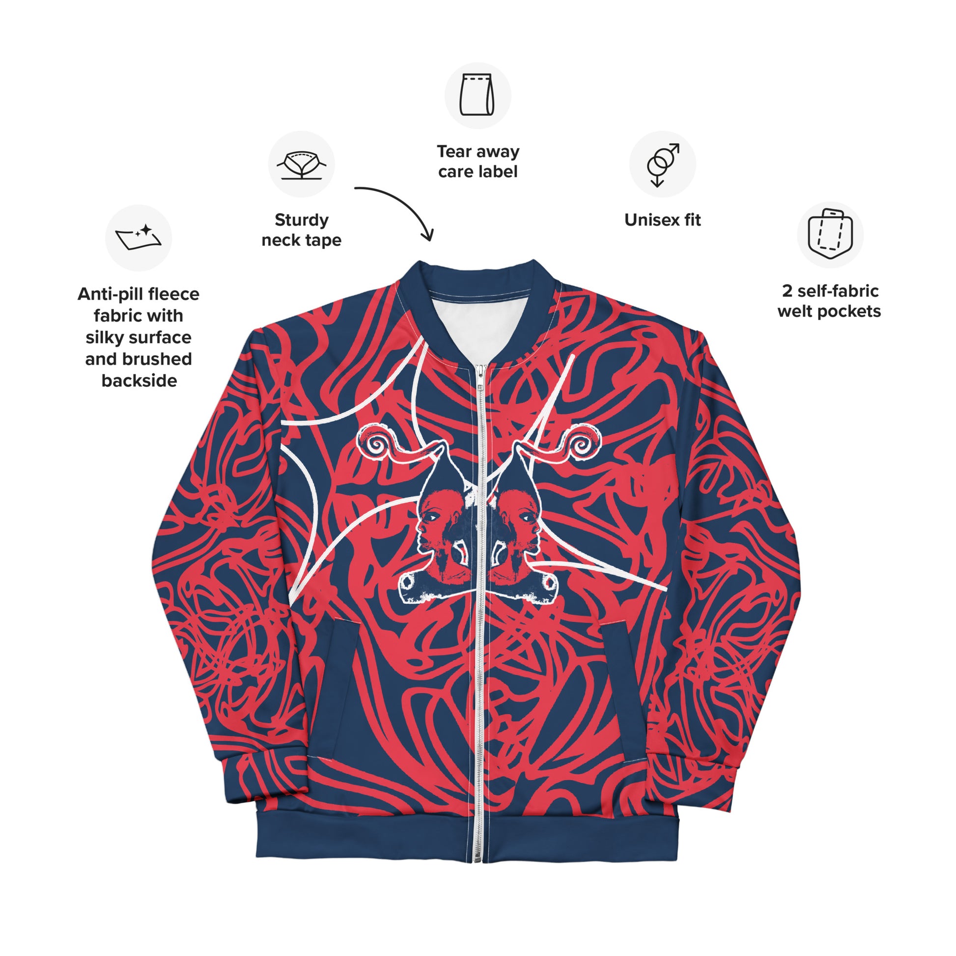 Bold navy and red streetwear bomber jacket featuring hand-drawn tribal patterns and mirrored face design, culturally inspired and crafted for a modern, edgy look – KLOE fashion.