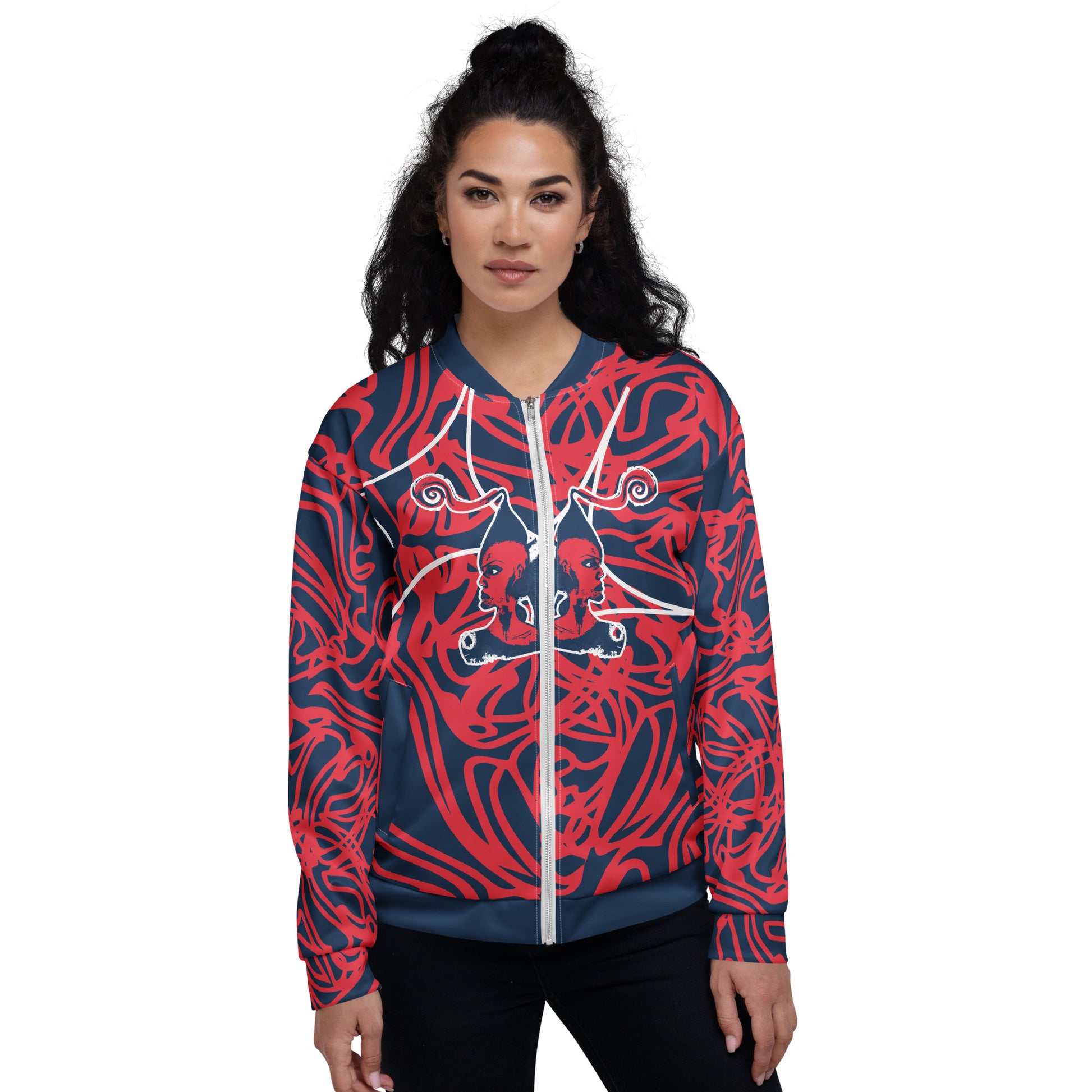 Bold navy and red streetwear bomber jacket featuring hand-drawn tribal patterns and mirrored face design, culturally inspired and crafted for a modern, edgy look – KLOE fashion.