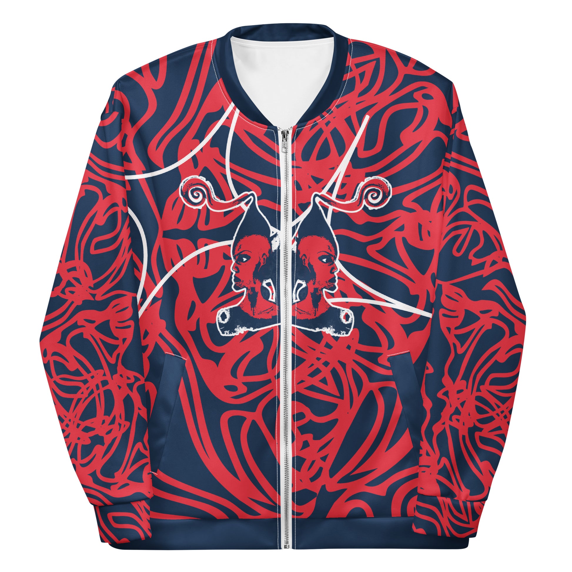 Bold navy and red streetwear bomber jacket featuring hand-drawn tribal patterns and mirrored face design, culturally inspired and crafted for a modern, edgy look – KLOE fashion.
