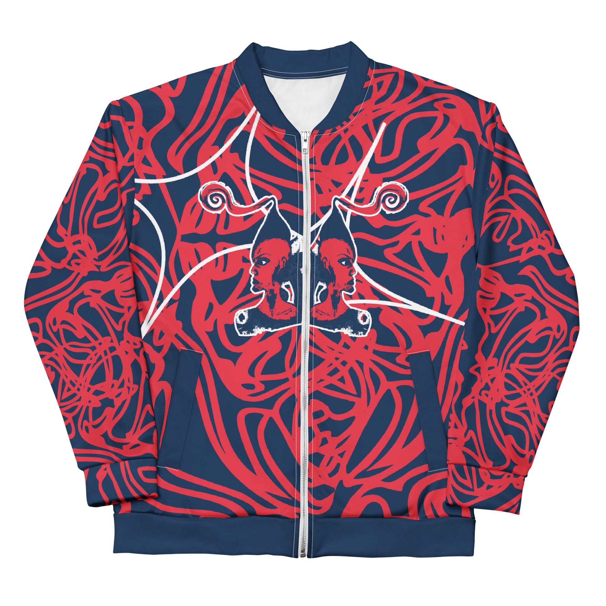 Bold navy and red streetwear bomber jacket featuring hand-drawn tribal patterns and mirrored face design, culturally inspired and crafted for a modern, edgy look – KLOE fashion.