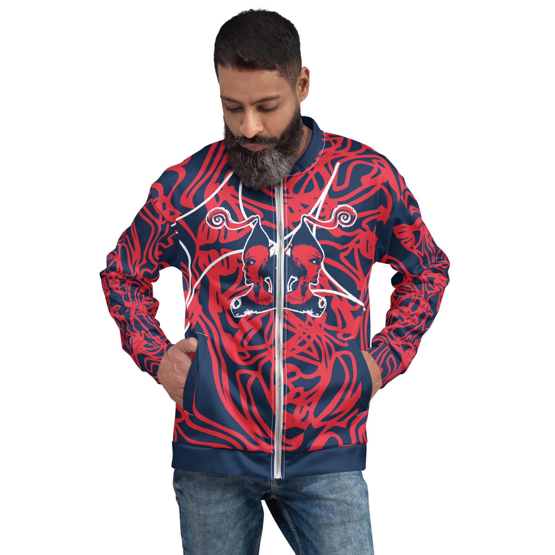 Bold navy and red streetwear bomber jacket featuring hand-drawn tribal patterns and mirrored face design, culturally inspired and crafted for a modern, edgy look – KLOE fashion.