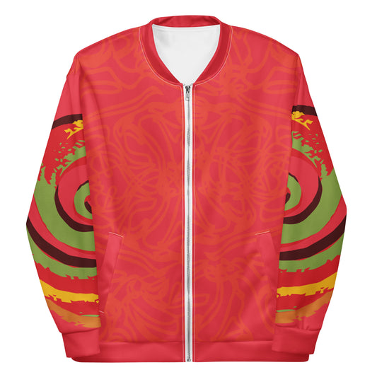 Red bomber jacket with vibrant swirl sleeve details and mirrored face design on the back, inspired by cultural art and bold self-expression.